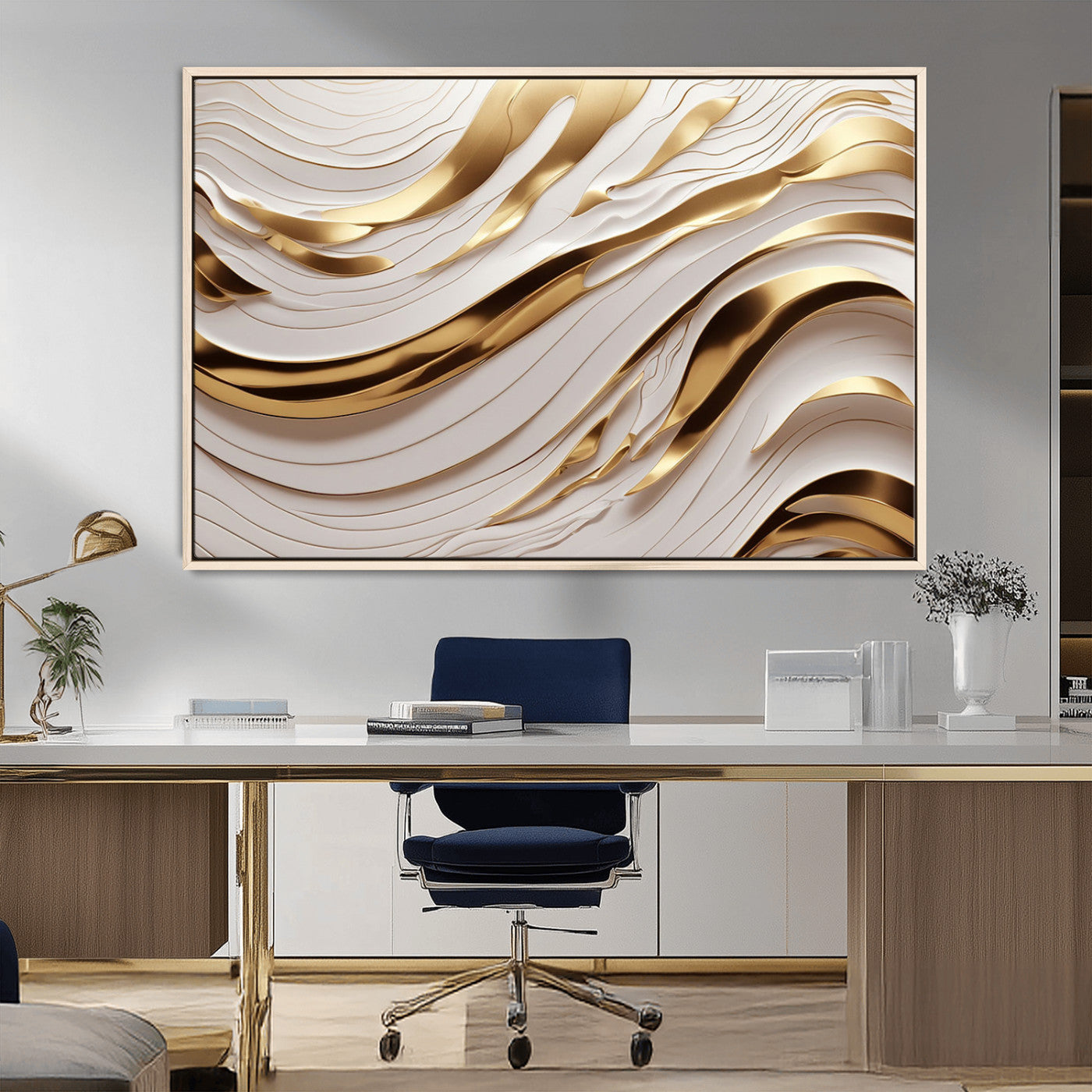81197-MGV-CV-36X24-Gold and White Abstract Wave Canvas – Elegant Flowing Design with Luxurious Golden Accents –