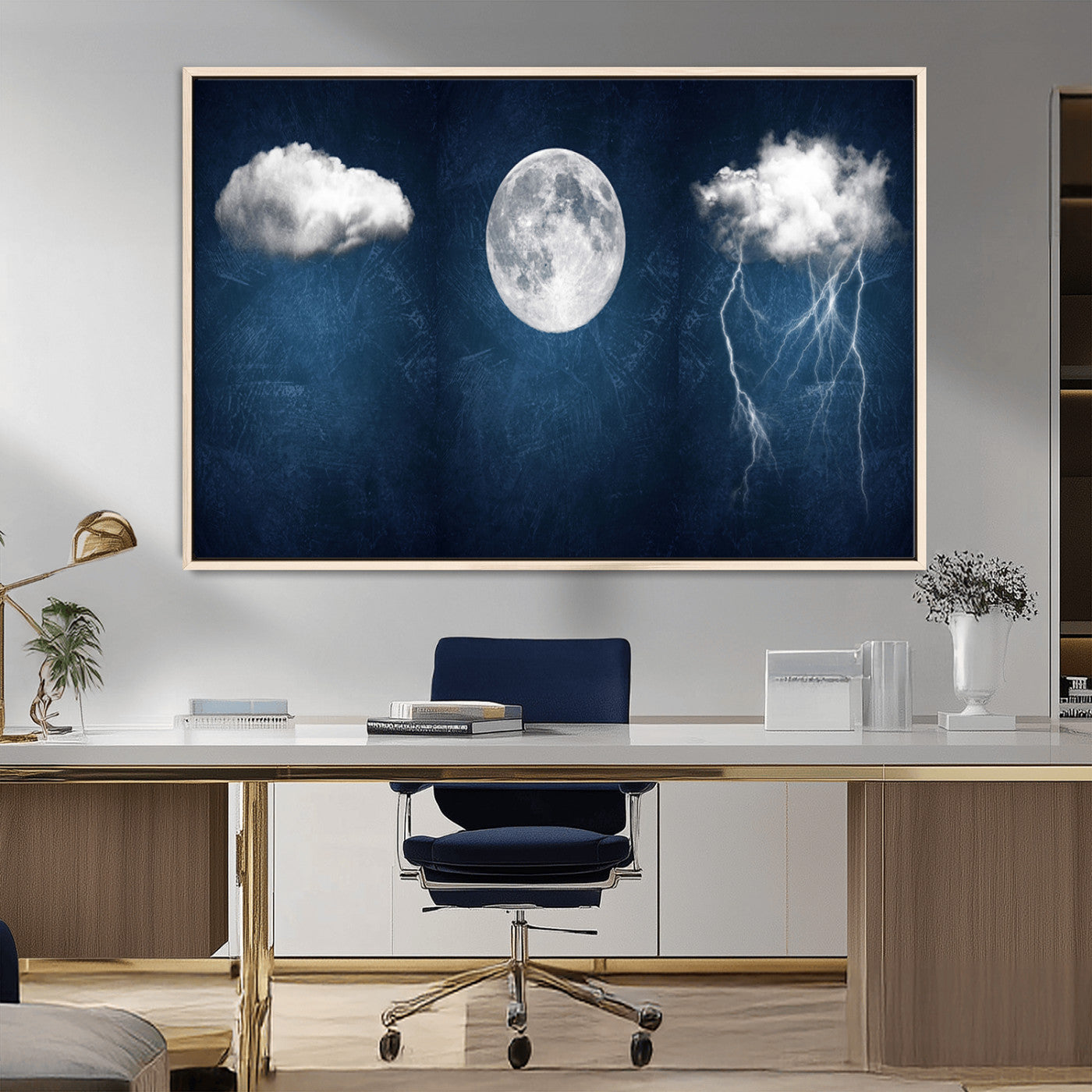 96569-MGV-CV-36X24-Dark Blue Cloud Art, 3 Piece Indigo Blue Wall Art, Aesthetic Surreal Art, Thunderstorm Moon Cloud