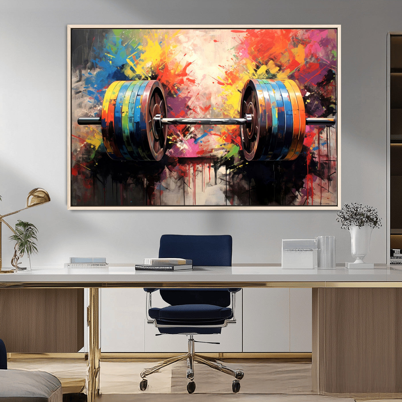 80436-MGV-CV-36X24-Weightlifting Barbell Art Triptych, Bold Abstract Fitness Wall Decor for Gym or Home, Giclee Canvas