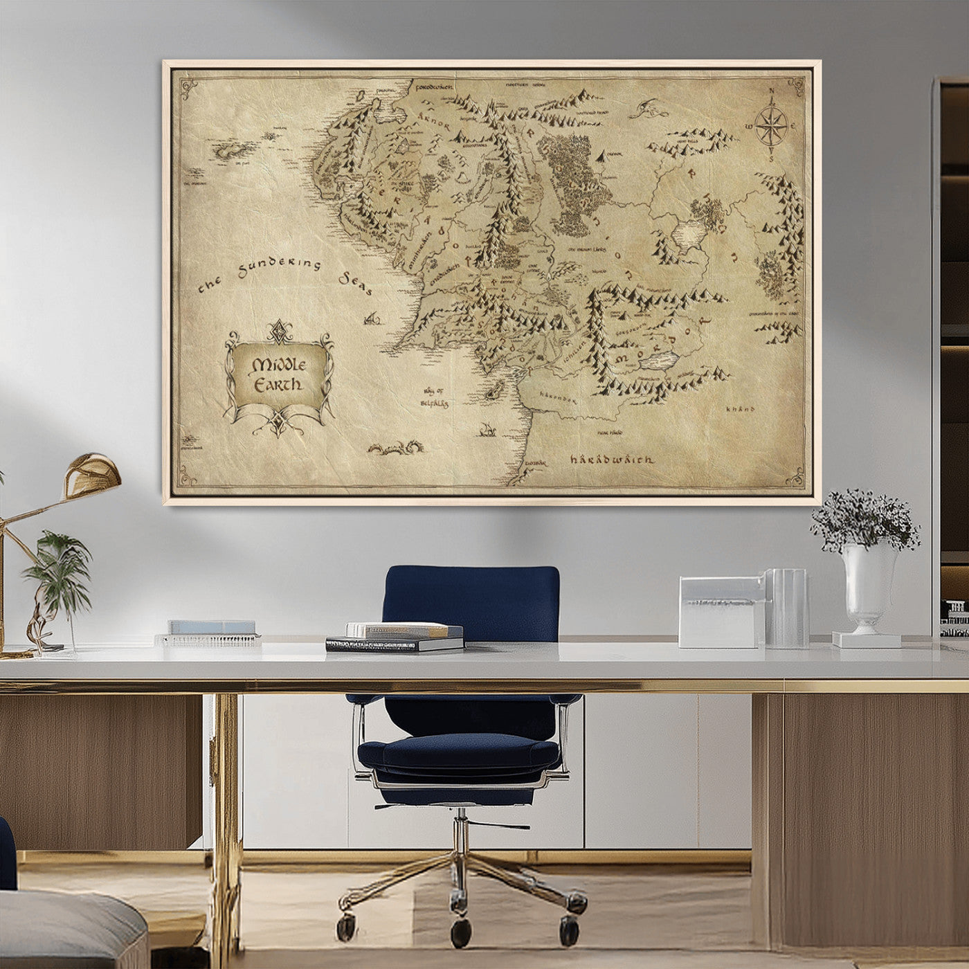 21784-MGV-FC-36X24_Natural-Vintage Middle Earth Map Wall Art Canvas – Lord of the Rings Inspired Framed Map Print, Classic Fantasy Decor for Home, Office