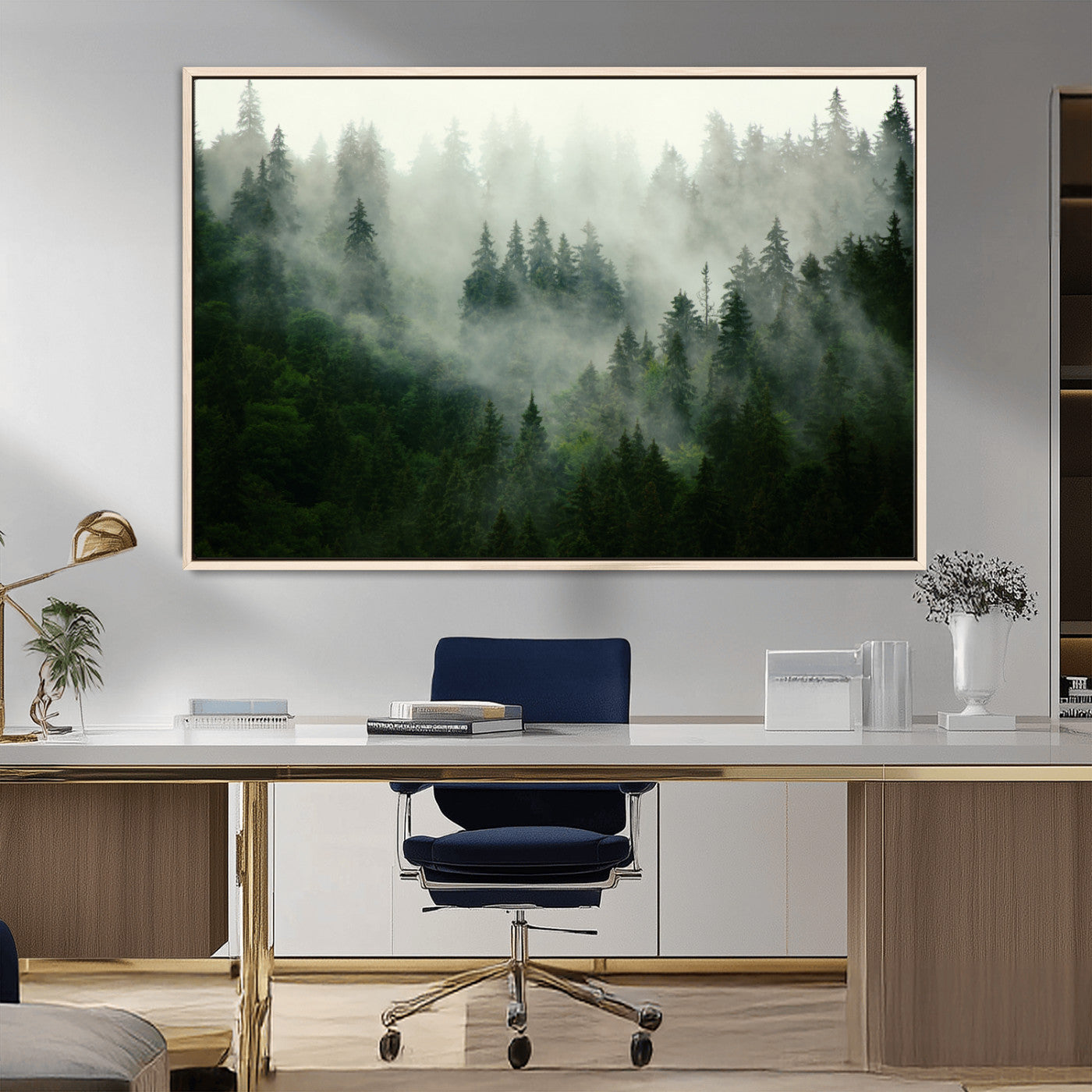 167720496-MGV-FC-36X24_Natural-Misty Forest Wall Art – Tranquil Green Woodland Canvas Print, Nature Landscape Decor for Living Room, Bedroom or Office