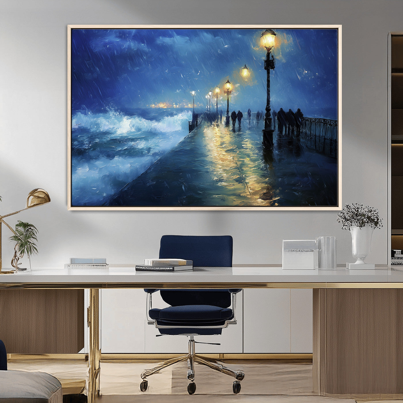 94571-MGV-FC-36X24_Natural-Storm Ocean Pier Canvas Wall Art Print - Large Moody Night Scene Print, Seaside Wall Decor