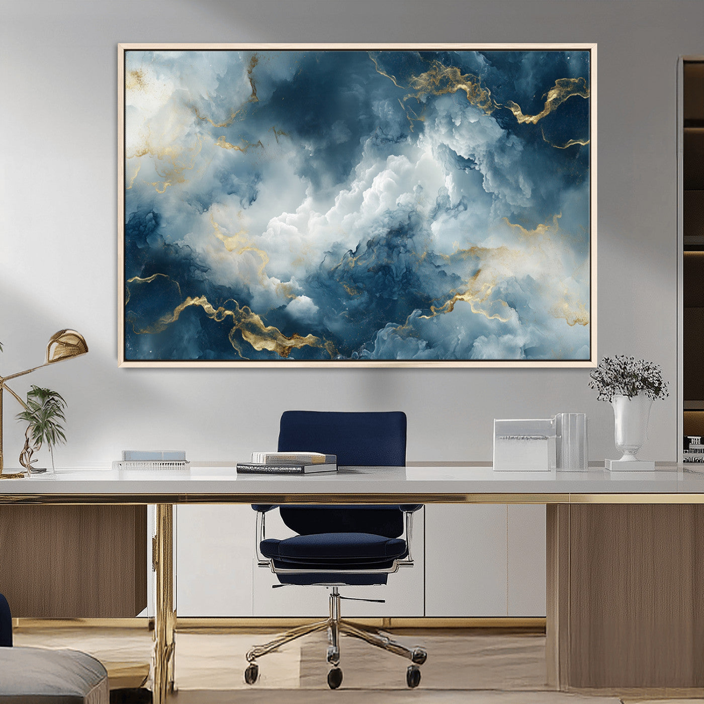 48298-MGV-FC-36X24_Natural-Large Abstract Print - Luxe Blue and Gold Abstract Canvas Wall Art - Bold Cloudscape Canvas for