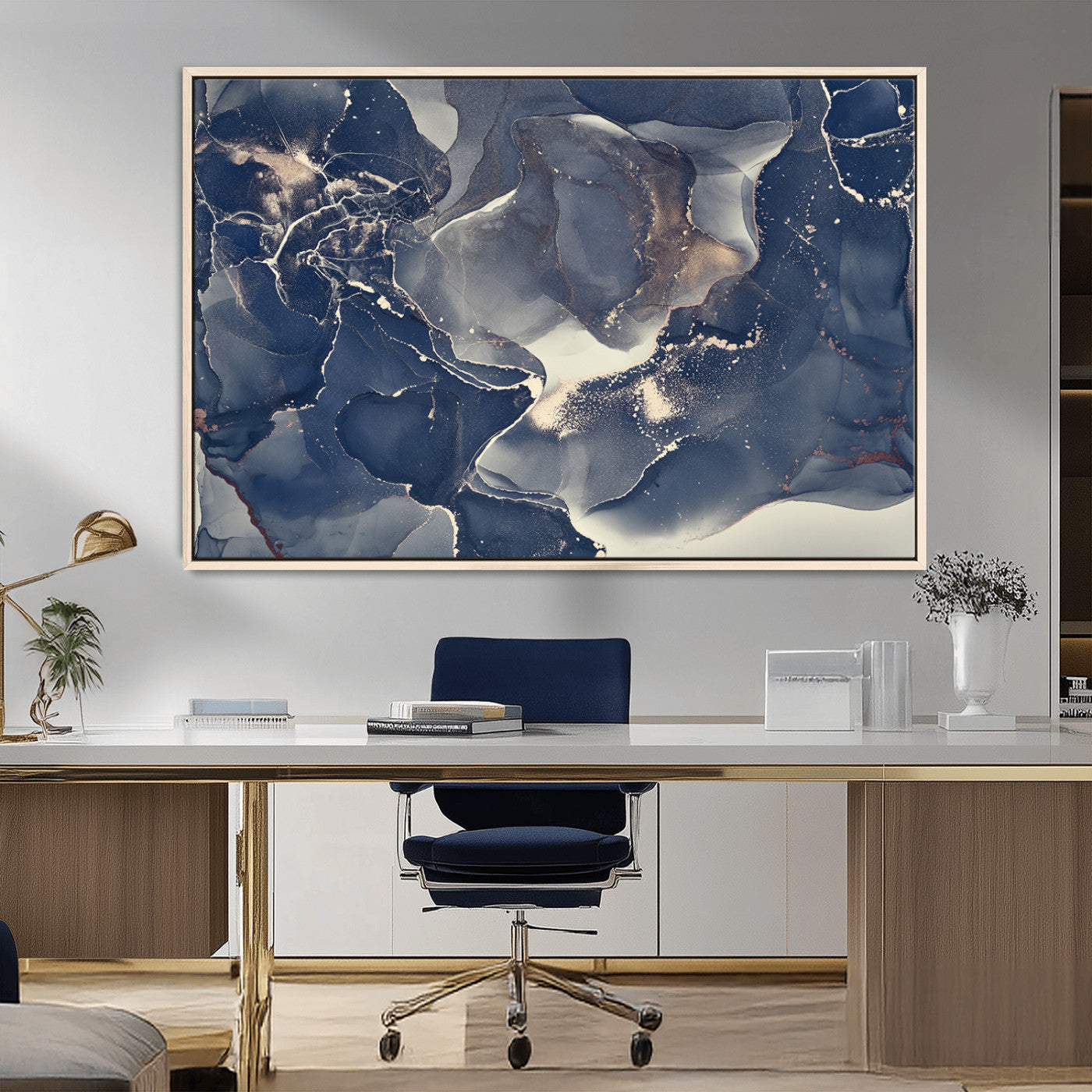 28282-MGV-CV-36X24-Large Abstract Blue and Gold Canvas Wall Art | Fluid Ink Artwork Print | Luxury Wall Decor for