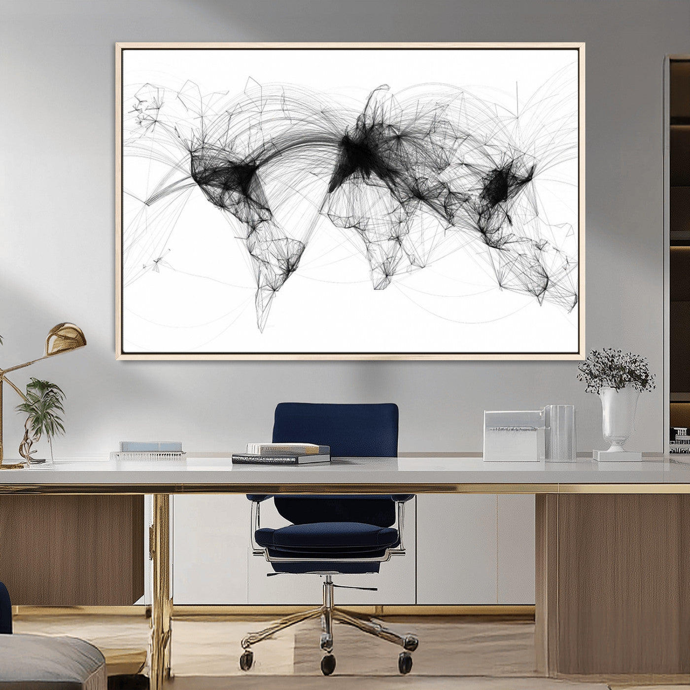 50136-MGV-FC-36X24_Natural-Abstract World Map Wall Art – Framed Geometric Line Canvas Artwork, Modern Global Design, Contemporary Decor for Home, Office