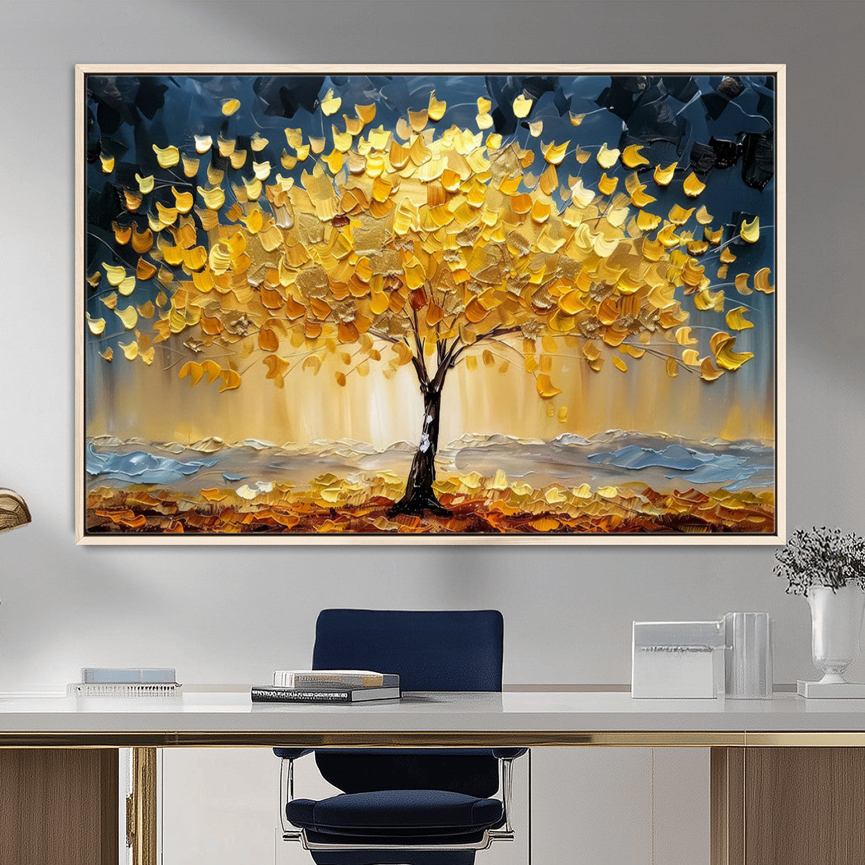 45682-MGV-FC-36X24_Natural-Golden Autumn Tree Wall Art – Framed Fall Leaves Canvas Artwork, Vibrant Seasonal Design, Cozy Nature Decor for Home, Office