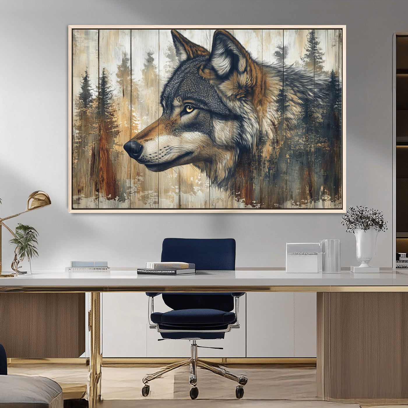 91882-MGV-CV-36X24-Rustic Wolf Wall Art Canvas Print, Vintage Woodland Wolf Wall Art