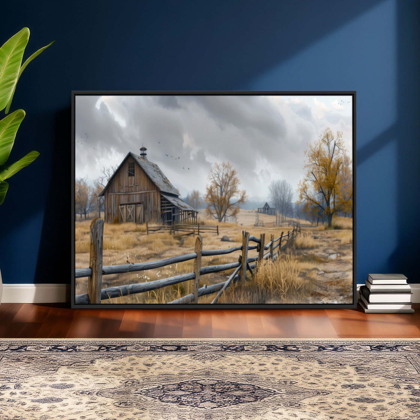 Farm1-MGV-CV-36X24 - Rustic Autumn Farmhouse Wall Art Canvas Print – Serene Countryside Scene with Weathered Barn and