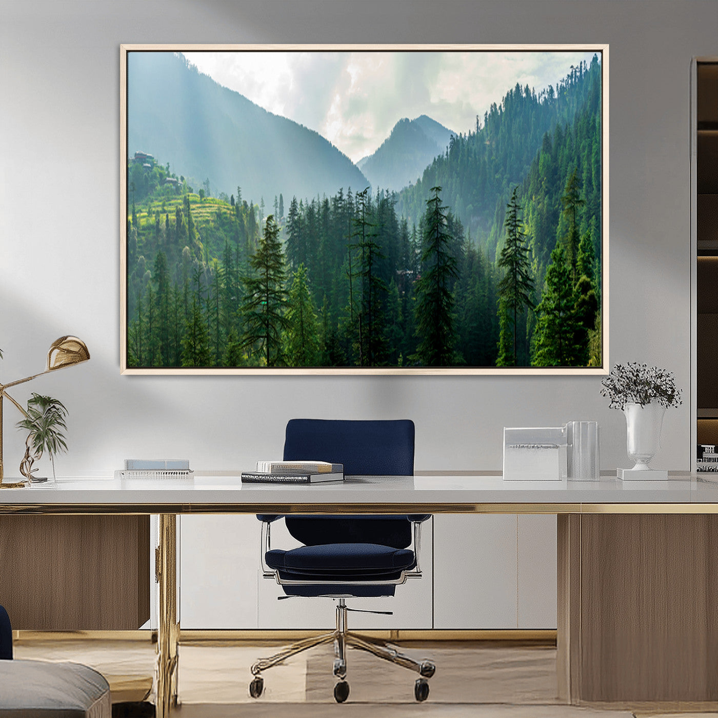 83417191-MGV-CV-36X24-Misty Forest Mountain Wall Art Canvas Print – Framed Serene Nature Scene with Tranquil Valley Artwork for Home, Office