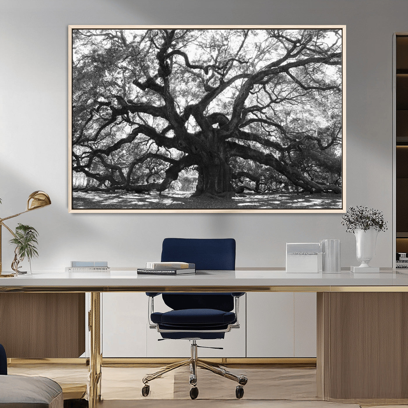 81655611-MGV-CV-36X24-Ancient Oak Wall Art Canvas Print – Gnarled Tree Twisted Branches Dramatic Sky Moody Nature Artwork for Home Office
