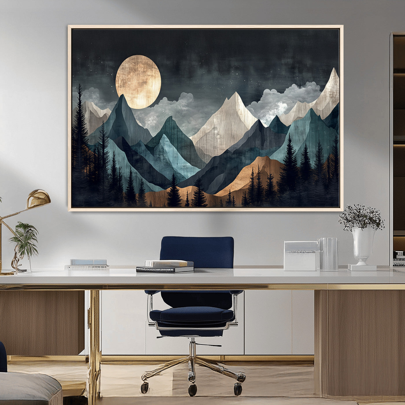 11060882-MGV-FC-36X24_Natural-Moonlit Mountain Wall Art Canvas Print – Silhouetted Pines Layered Peaks Tranquil Sky Mist Silver Light Nature Artwork for Home