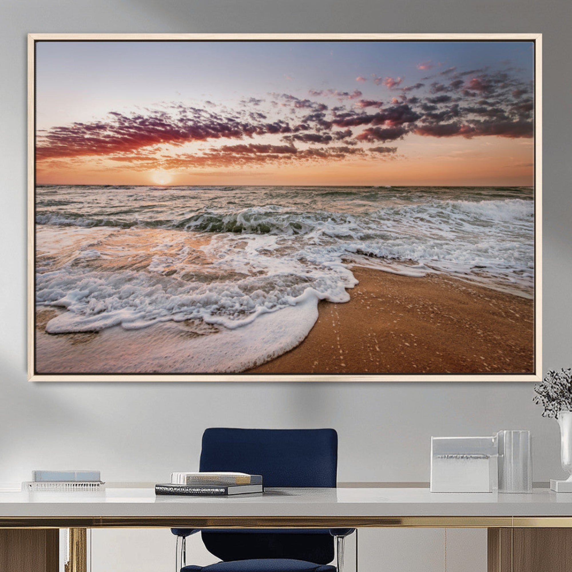 39846389-MGV-CV-36X24-Ocean Sunset Wall Art Canvas Print – Framed Sandy Shore Gentle Waves Coastal Landscape Minimalist Artwork for Home, Office