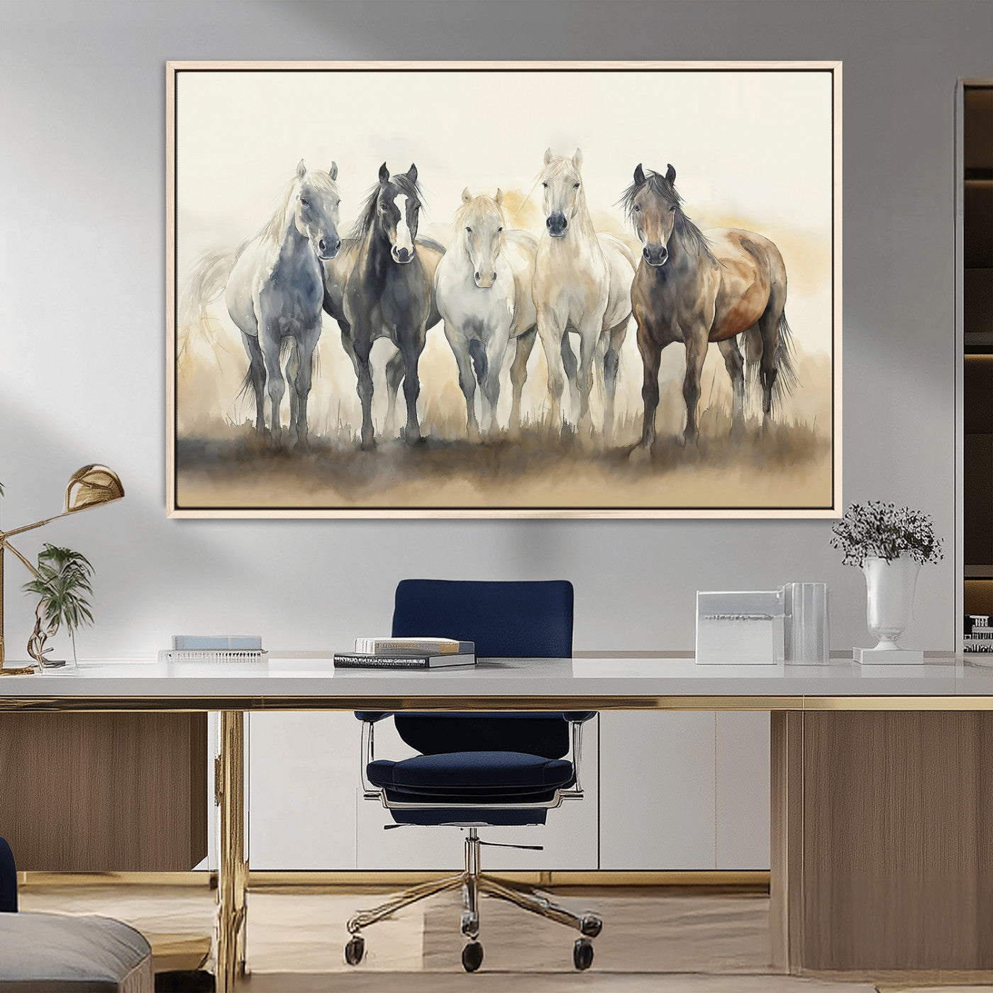 MGV-FC-36X24 - Wild Horses Wall Art Canvas Print, Framed Running Horses Art Picture Print, Watercolor Horses Perfect Rustic Western Decor Artwork
