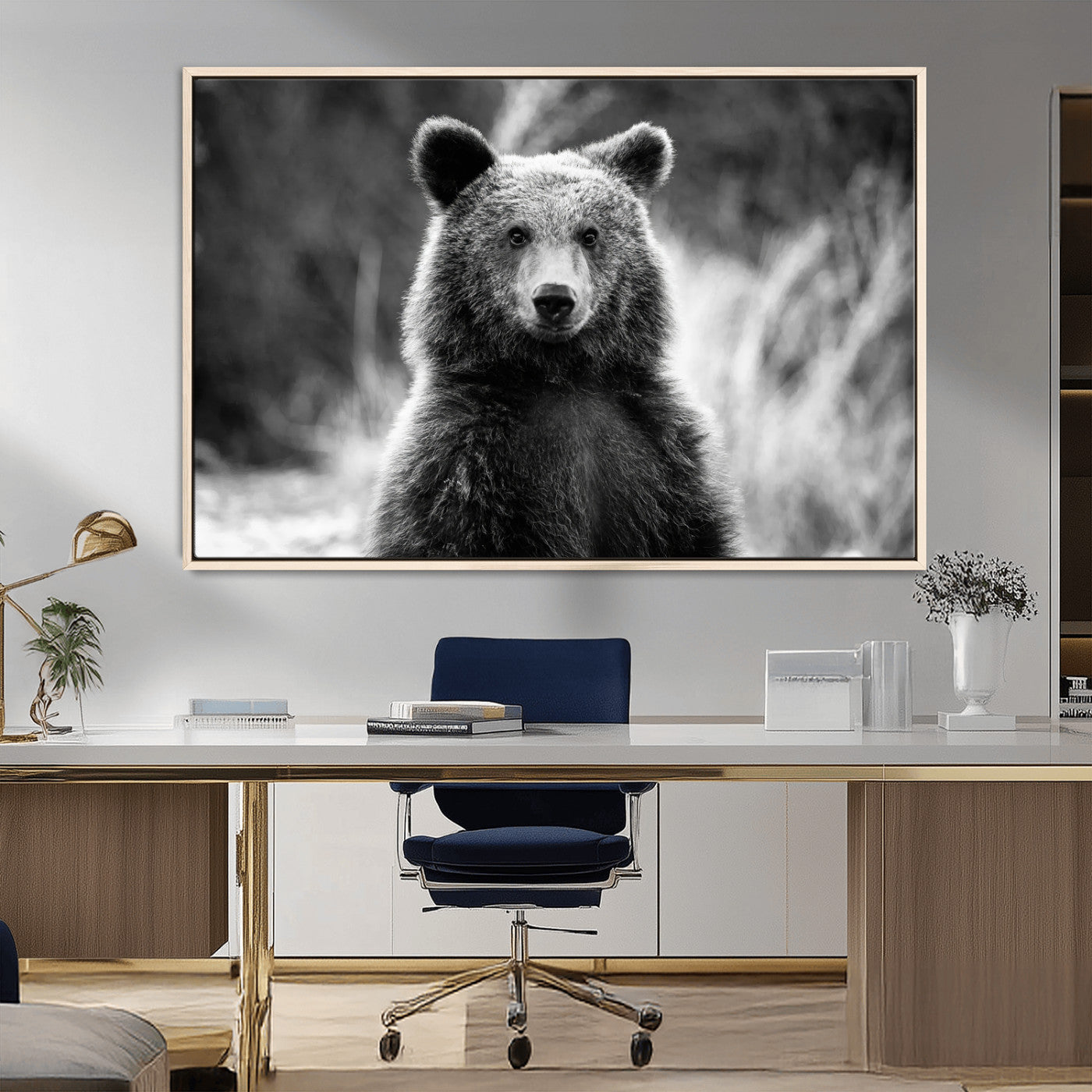 55656803-MGV-FC-36X24_Natural-Grizzly Bear Wall Art Canvas Print – Framed Black White Wildlife Rustic Nature Artwork for Home, Office Decor