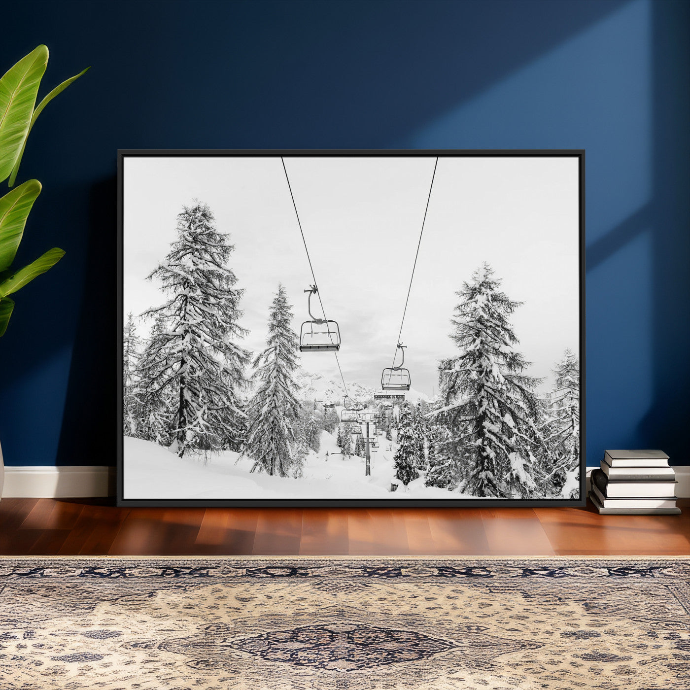 55003599-MGV-CV-36X24 - Snowy Ski Lift Wall Art – Framed Winter Forest Canvas Artwork, Peaceful Mountain Design, Modern Nature Decor for Home, Office