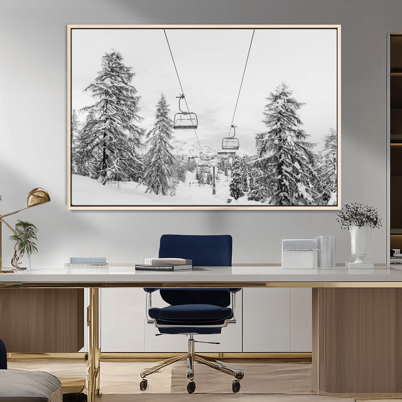 55003599-MGV-CV-36X24-Snowy Ski Lift Wall Art – Framed Winter Forest Canvas Artwork, Peaceful Mountain Design, Modern Nature Decor for Home, Office