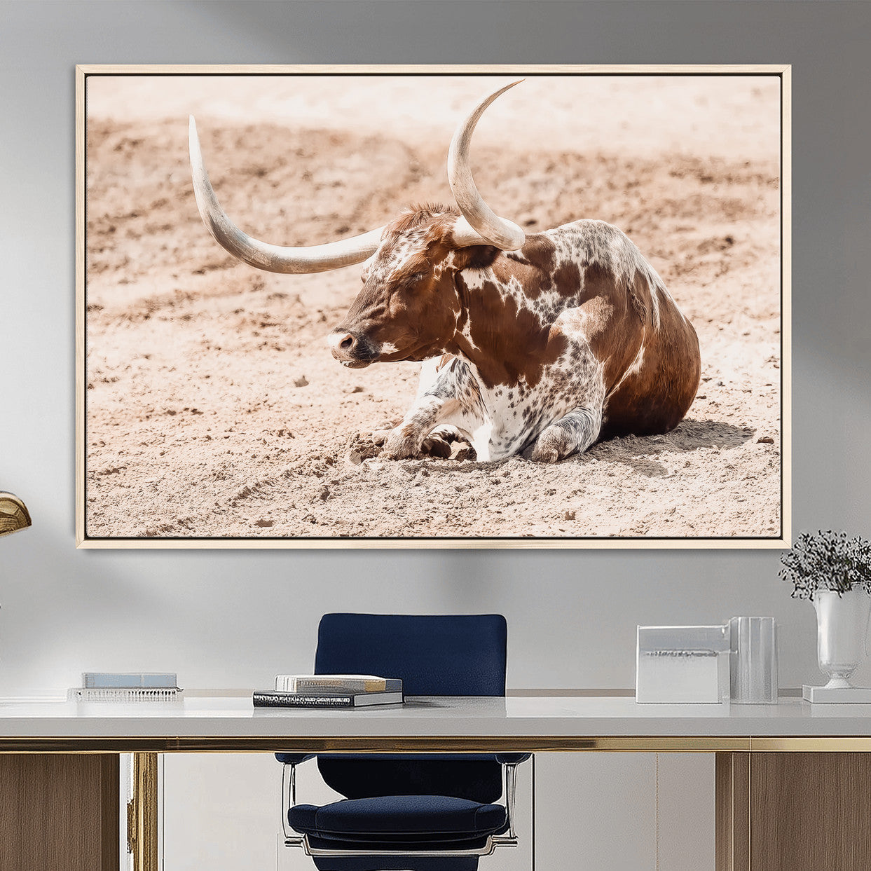 91248682-MGV-FC-36X24_Natural-Texas Longhorn Wall Art Canvas Print – Framed Resting Bull Scene with Spotted Cattle Artwork for Home, Office