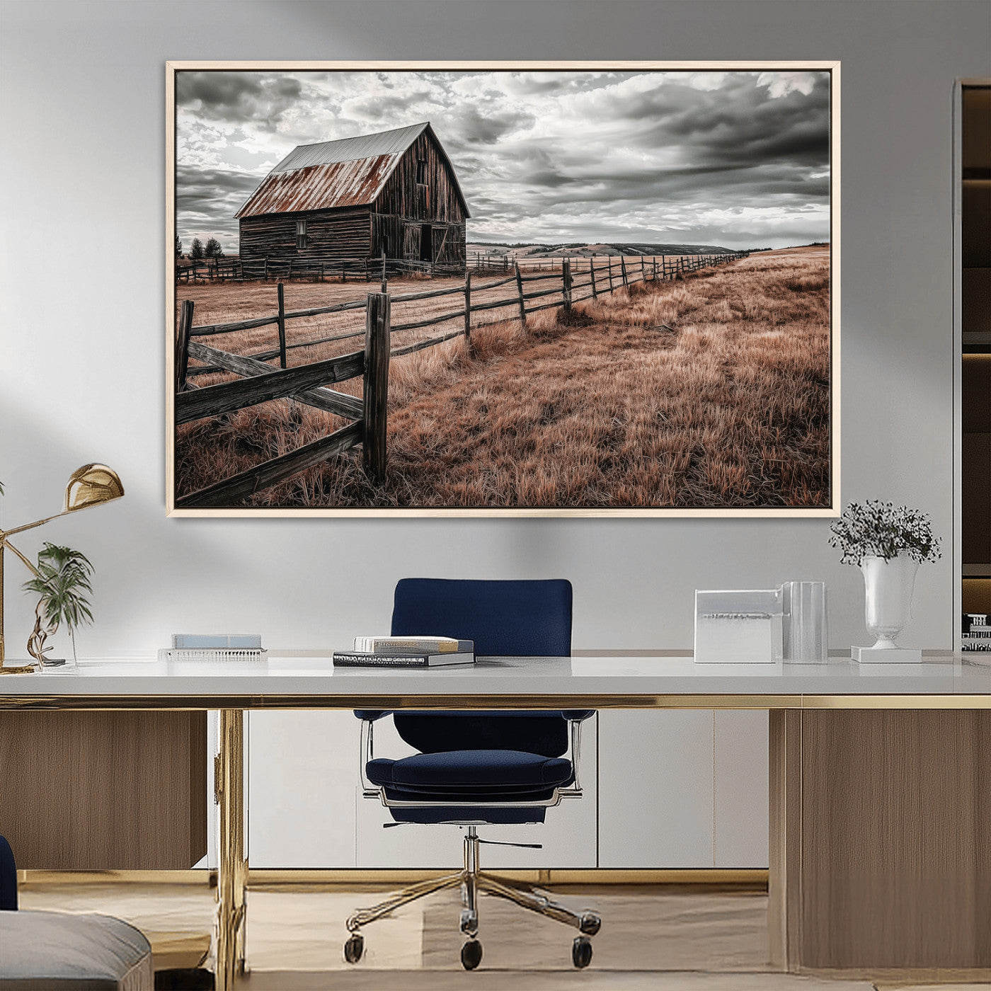 -Rustic Barn Wall Art Canvas Print – Framed Moody Field Scene with Weathered Fence Artwork for Home, Office, Living Room