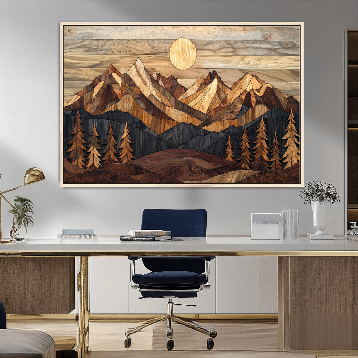 39116082-MGV-CV-36X24-Wood Mountain Landscape Wall Art Canvas Print – Framed Sunset Hills Nature Artwork, Abstract Boho Decor for Home, Office