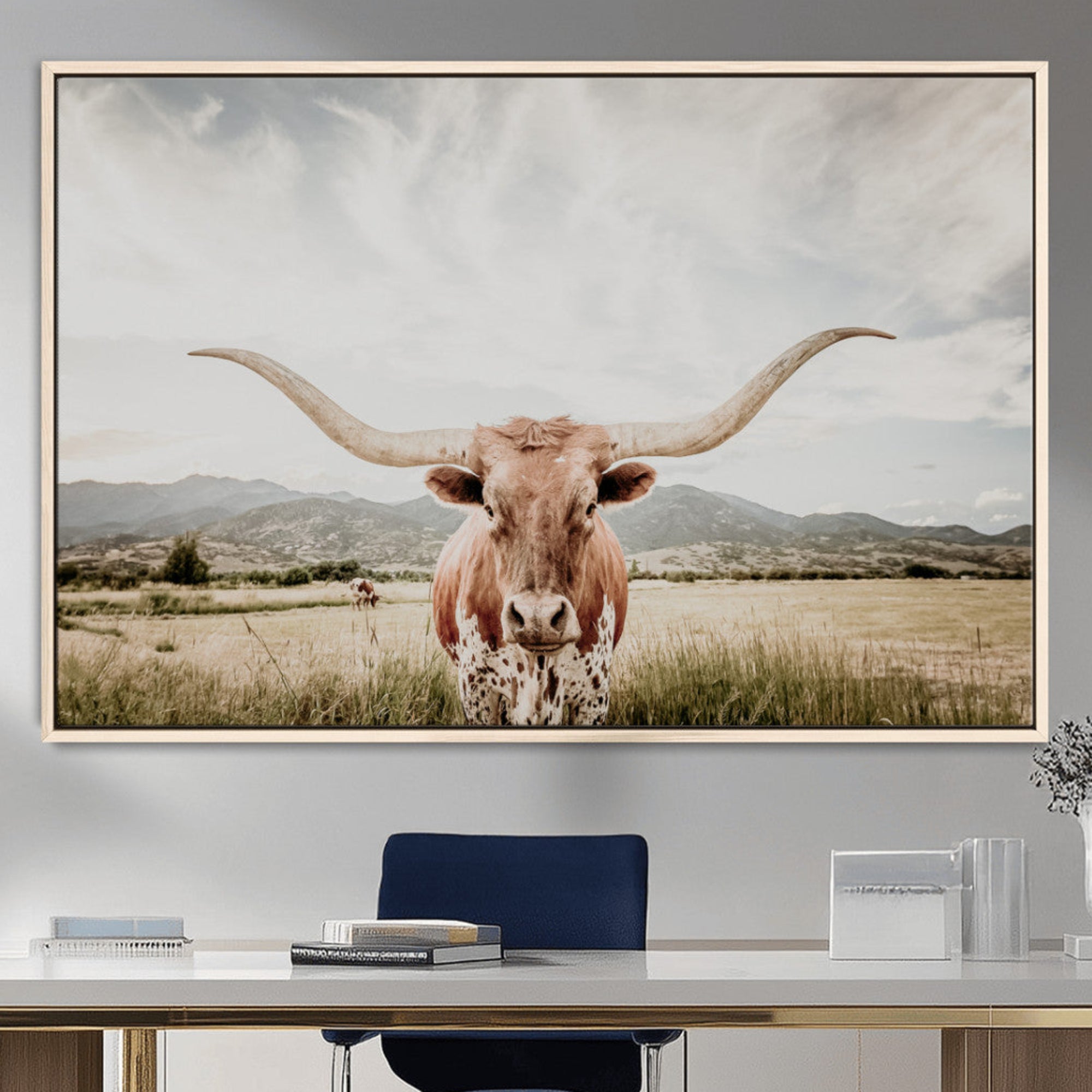 80054319-MGV-CV-36X24-Texas Longhorn Wall Art Canvas Print – Framed Western Cow Scene with Rustic Farmhouse Artwork for Home, Office