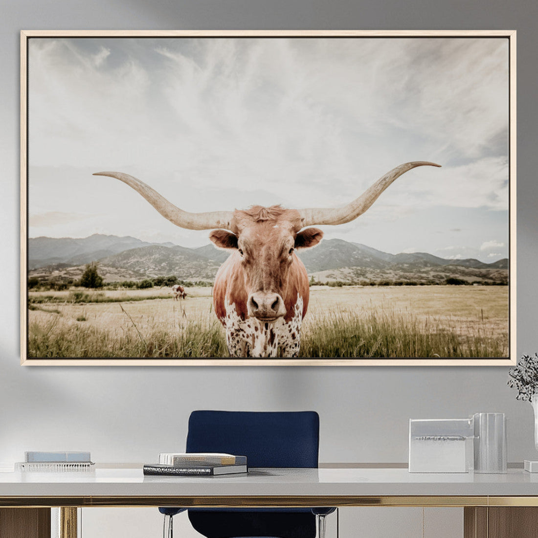 Texas Longhorn Wall Art Canvas Print, Framed Western Cow Print, Rustic Farmhouse Ranch Decor