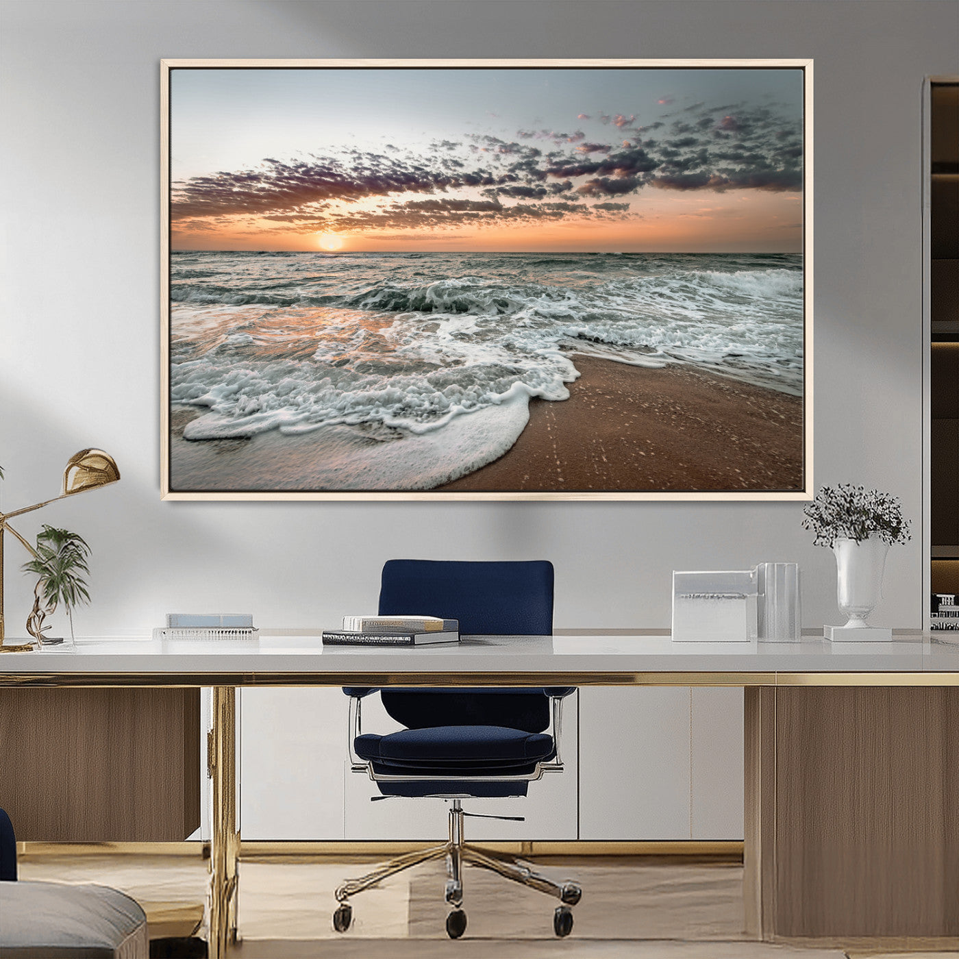 40632752-MGV-FC-36X24_Natural-Ocean Sunset Wall Art Canvas Print – Framed Beach Waves Scene with Coastal Artwork for Home, Office, Living Room