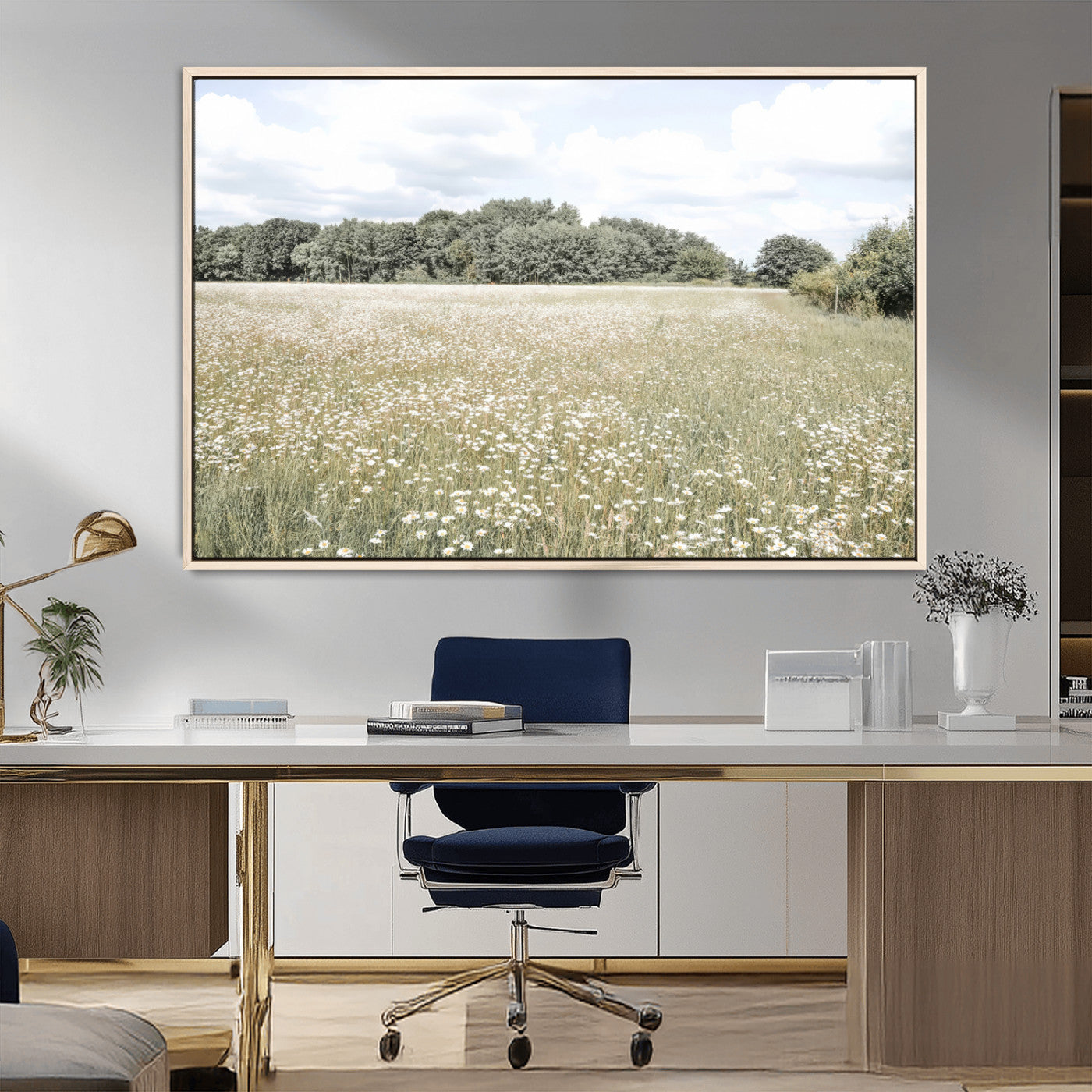 43258946-MGV-FC-36X24_Natural-Charming Daisy Field Wall Art Canvas Print – Framed Pastel Flower Meadow Bloom Scandinavian Minimal Artwork for Home Office