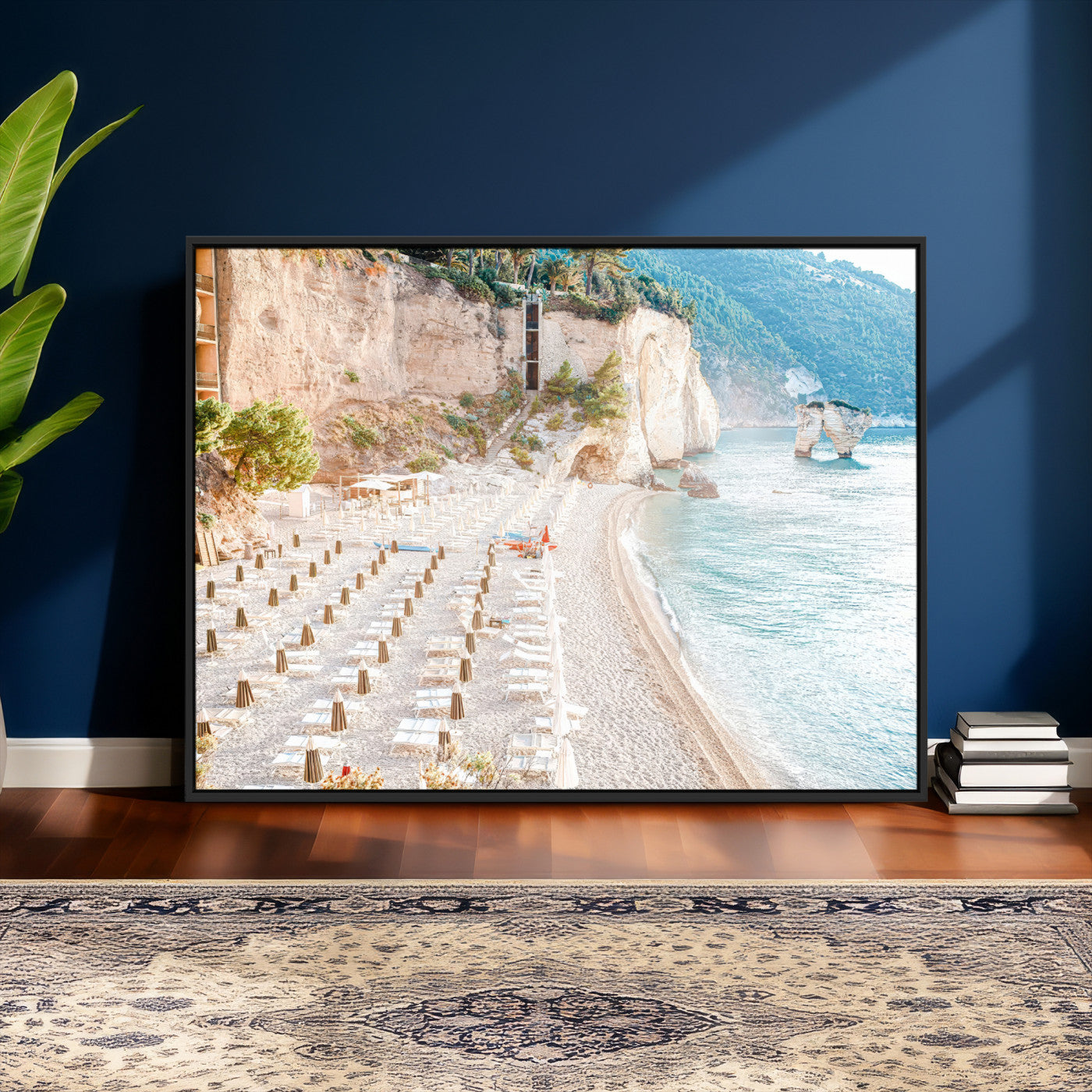 84816639-MGV-CV-36X24 - Sunny Beach Wall Art – Chairs & Umbrellas Canvas Print, Clear Water, Rocky Cliffs, Coastal Calm for Living Room or Vacation Home Decor