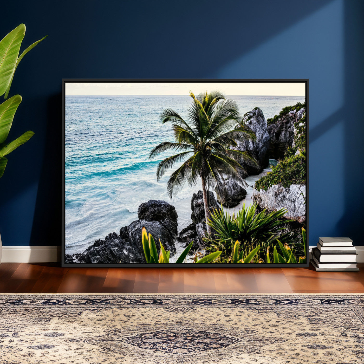 94669907-MGV-CV-36X24 - Tropical Palm Wall Art – Coastal Rocks Canvas Print, Ocean Breeze, Sandy Shore, Vibrant Green Foliage for Living Room or Beach House Decor