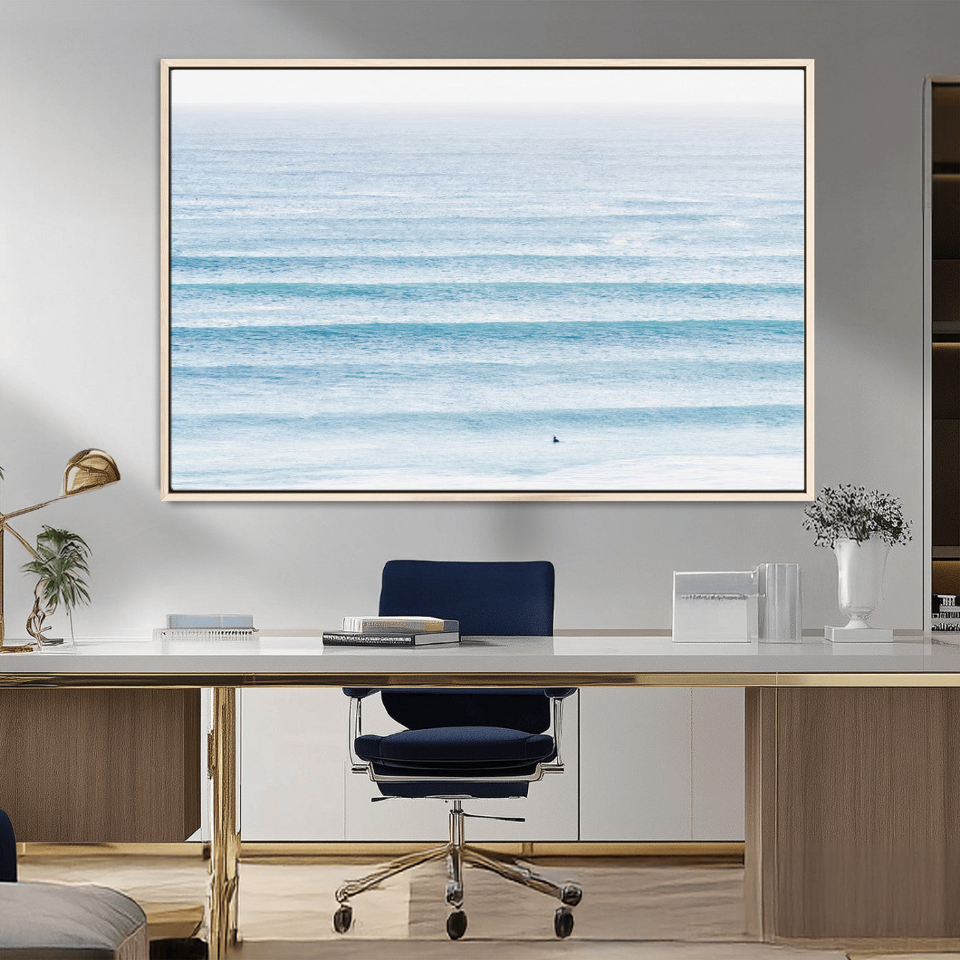 77145995-MGV-FC-36X24_Natural-Ocean Wave Surfer Wall Art – Framed Minimal Seascape Canvas Artwork, Calm Blue Water Design, Coastal Decor for Home, Office