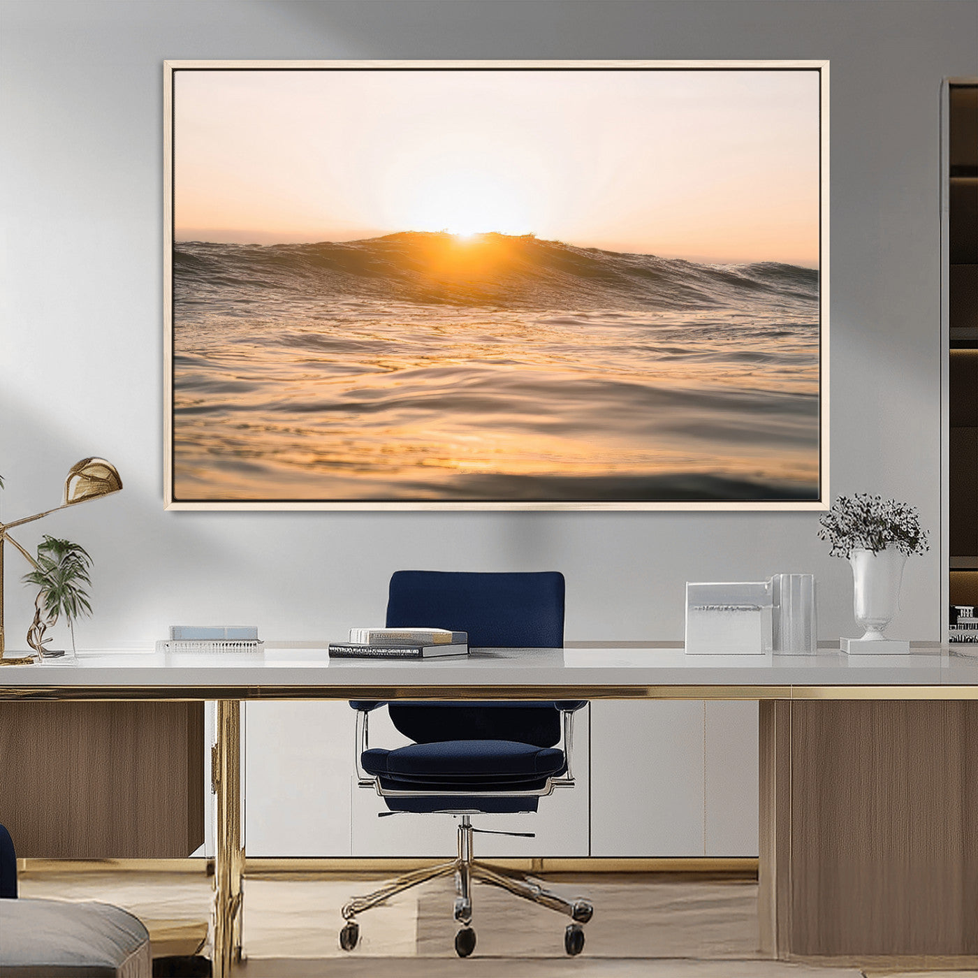 16973771-MGV-FC-36X24_Natural-Calm Water Wall Art – Framed Sunset Waves Canvas Artwork, Coastal Warm Design, Minimal Ocean Decor for Home, Office