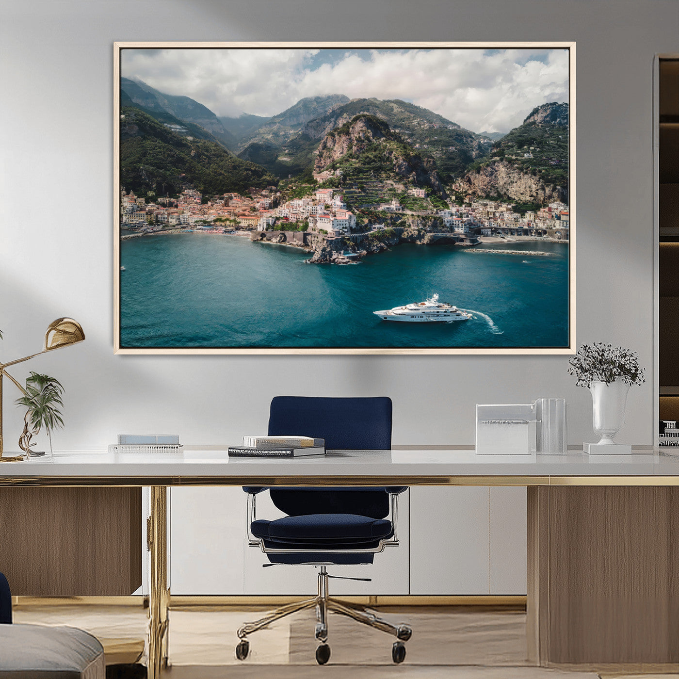 20321590-MGV-FC-36X24_Natural-Amalfi Coast Wall Art – Framed Italian Seaside Canvas Artwork, Mediterranean Landscape Design, Coastal Decor for Home, Office