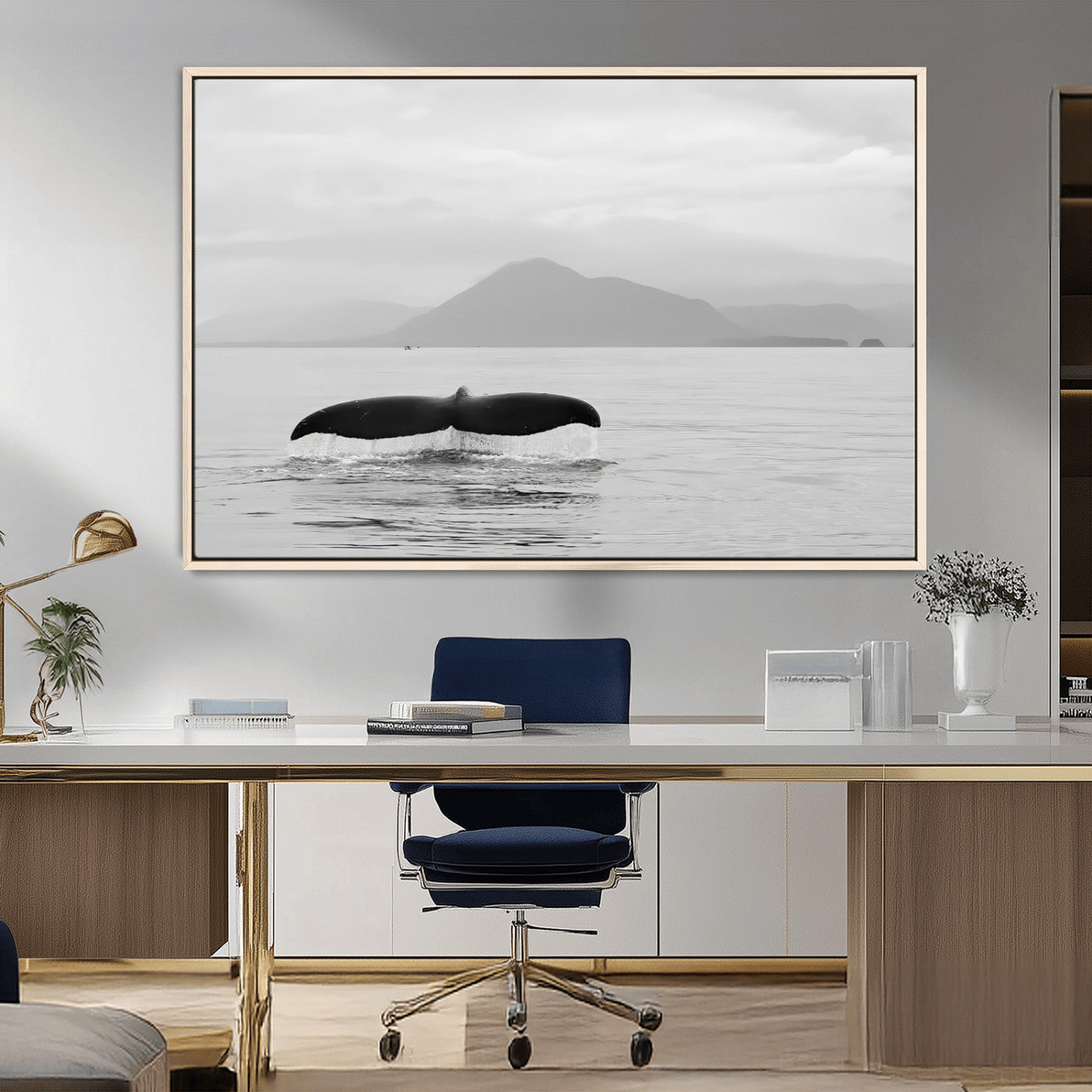 MGV-FC-36X24 - Whale Tail Wall Art Canvas Print, Framed Black White Ocean Art Picture Print, Calm Marine Perfect Minimalist Coastal Decor Artwork