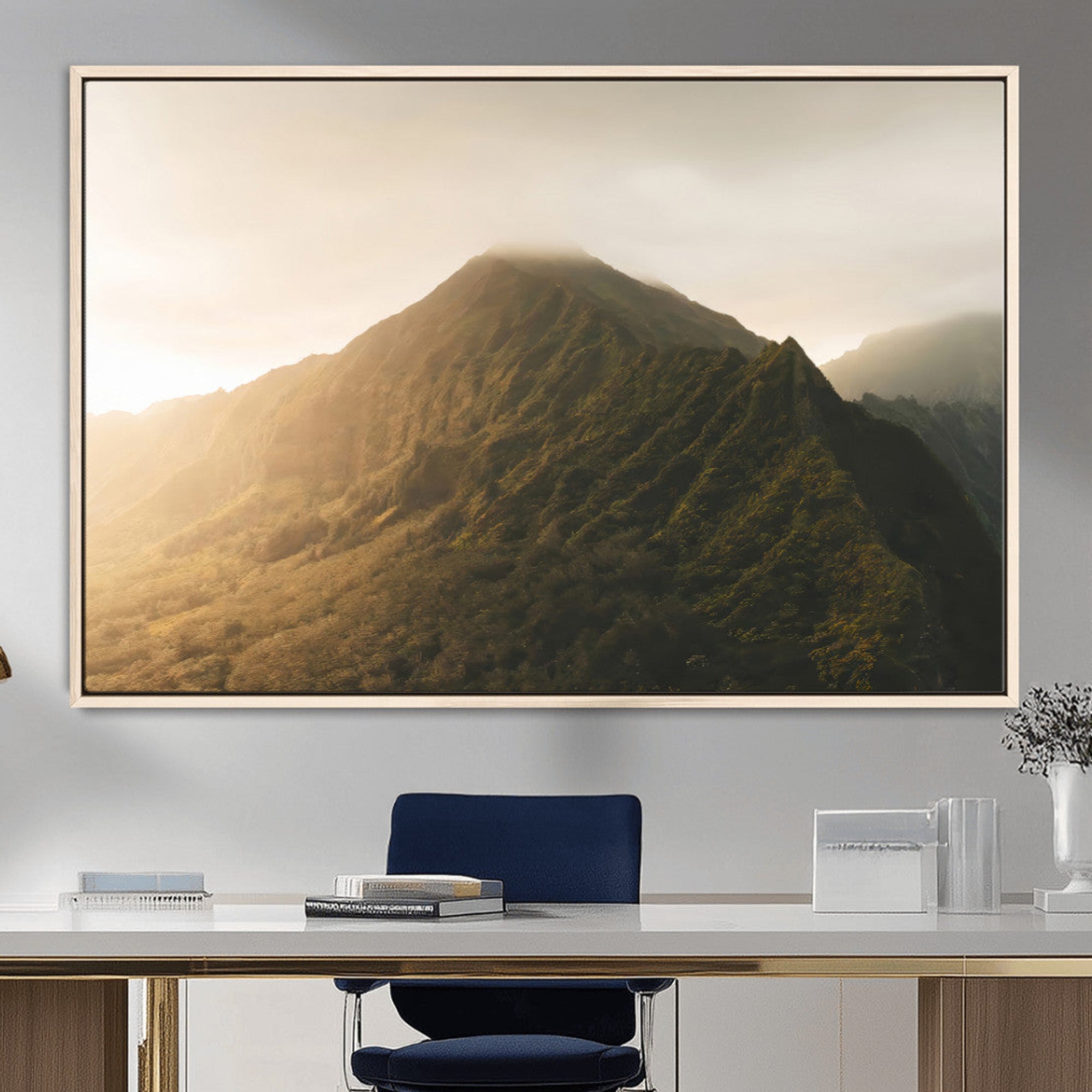 MGV-FC-36X24 - Golden Mountain Wall Art Canvas Print, Framed Misty Summit Art Picture Print, Rugged Landscape Perfect Moody Wilderness Decor Artwork