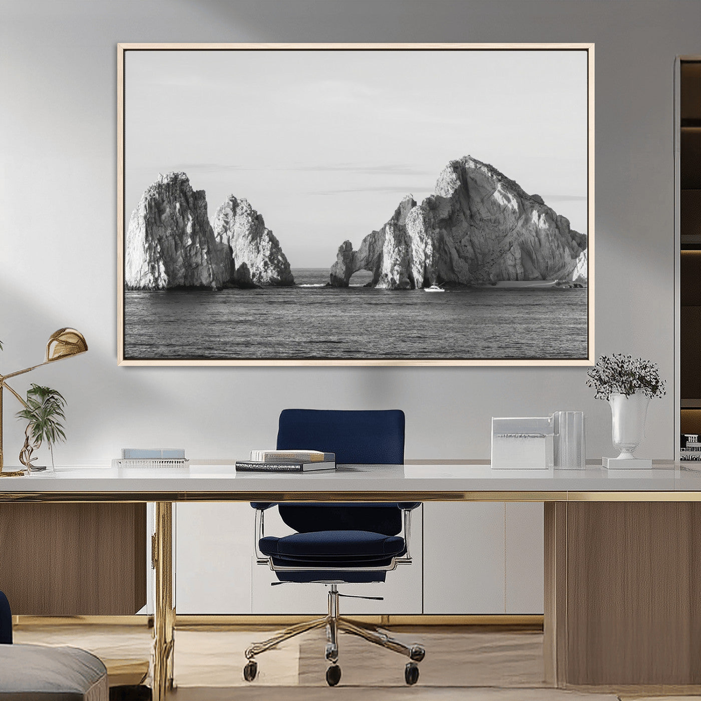 MGV-FC-36X24 - Rugged Coastline Wall Art Canvas Print, Framed Ocean Cliffs Art Picture Print, Monochrome Seascape Perfect Coastal Minimalist Decor Artwork