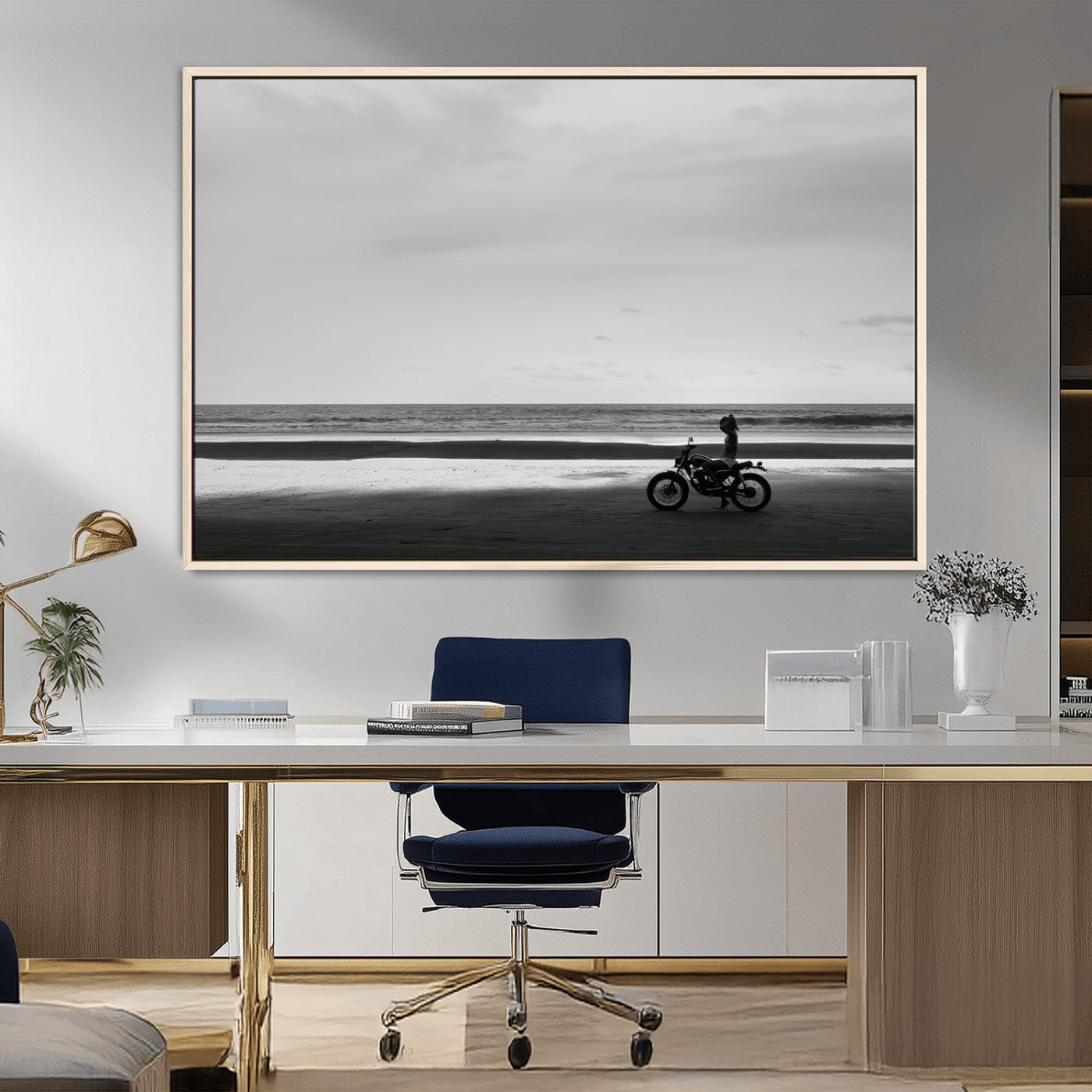 84739358-MGV-CV-36X24-Motorcycle Beach Wall Art Canvas Print – Framed Vintage Motorcycle Scene with Biker Silhouette Artwork for Home, Office