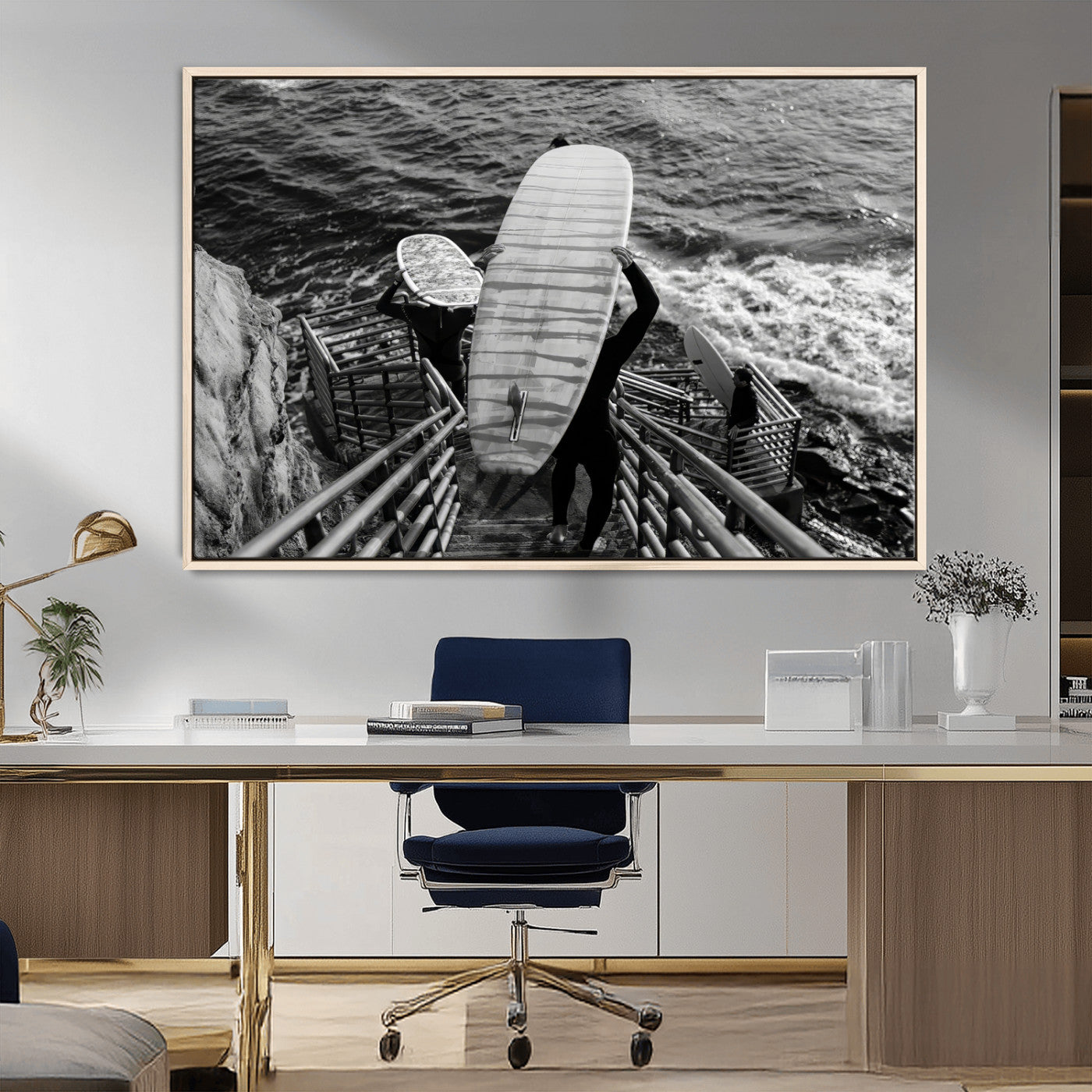 32353707-MGV-CV-36X24-Black and White Surfing Wall Art Canvas Print – Framed Coastal Wave Riders Adventure Artwork for Home, Office