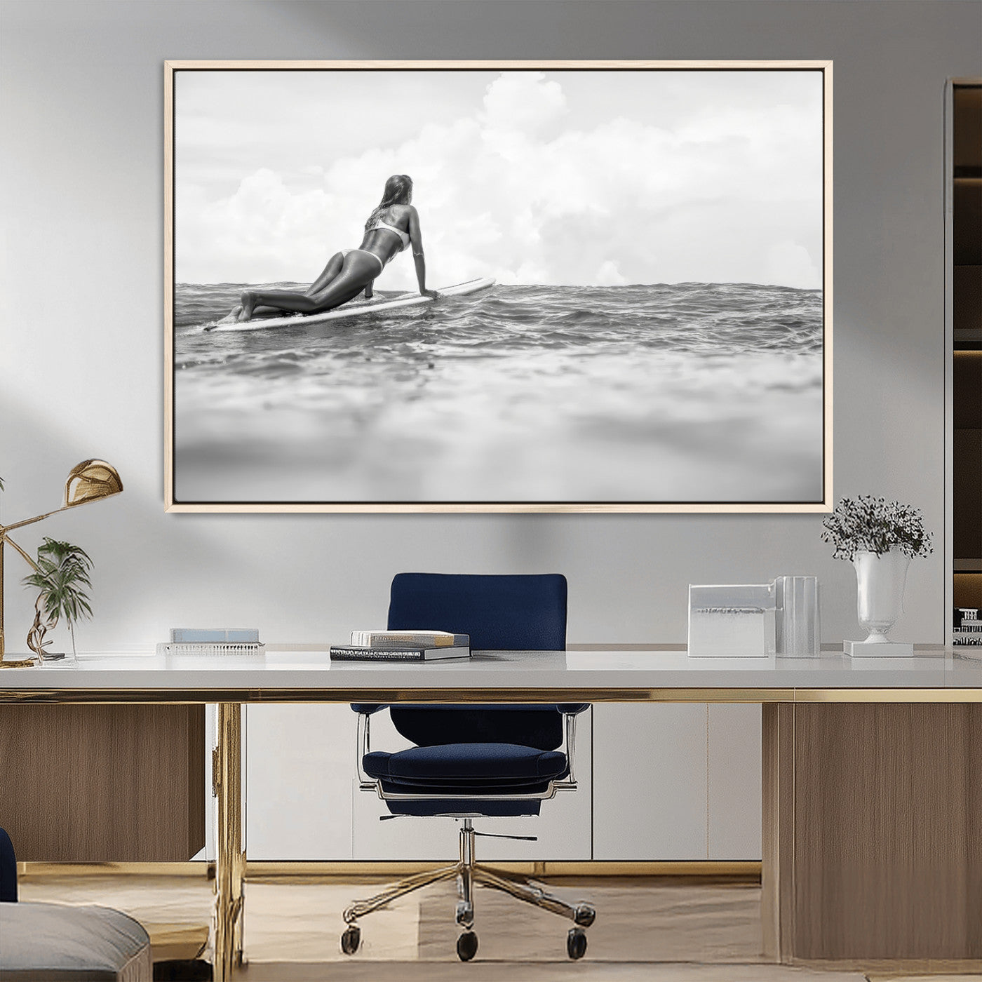 69798068-MGV-CV-36X24-Black and White Surfing Wall Art Canvas Print – Framed Ocean Horizon with Surfer Girl Coastal Adventure Artwork for Home, Office