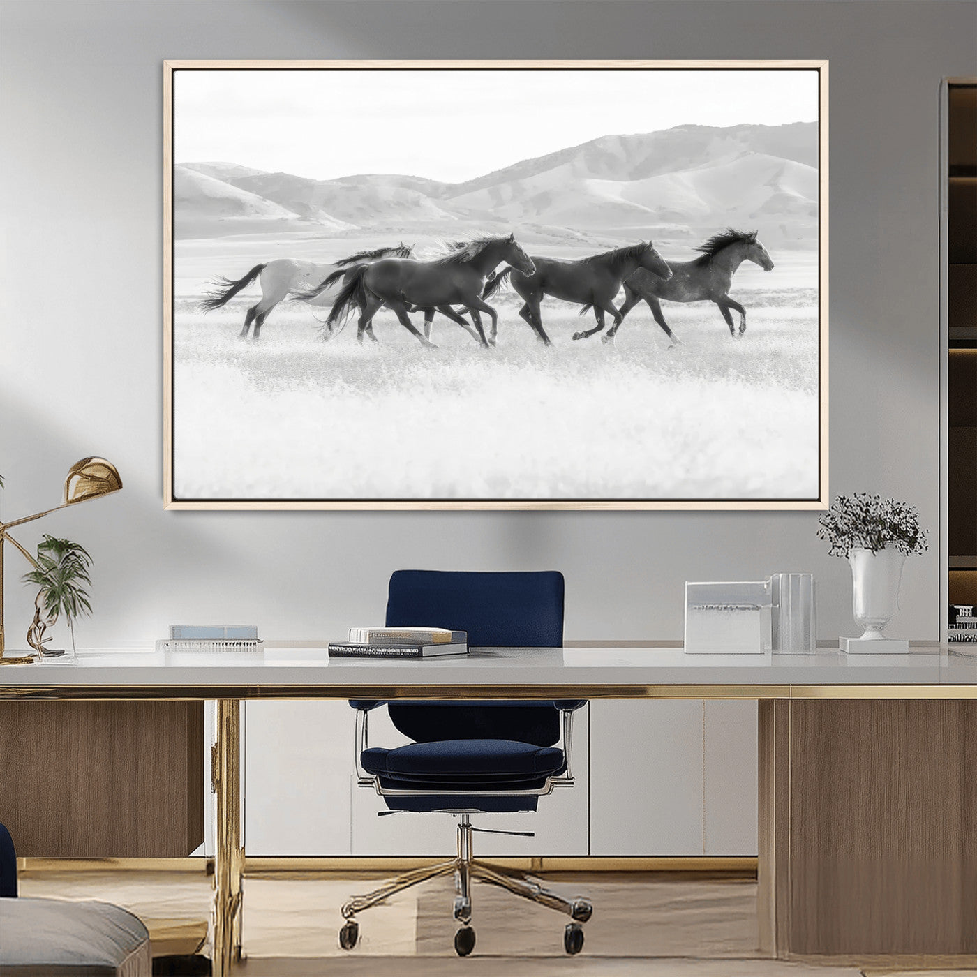 MGV-FC-36X24 - Wild Horses Wall Art – Black & White Canvas Print of Herd Running, Nature in Motion, Freedom & Beauty Decor for Guest Room, Office or Living Room