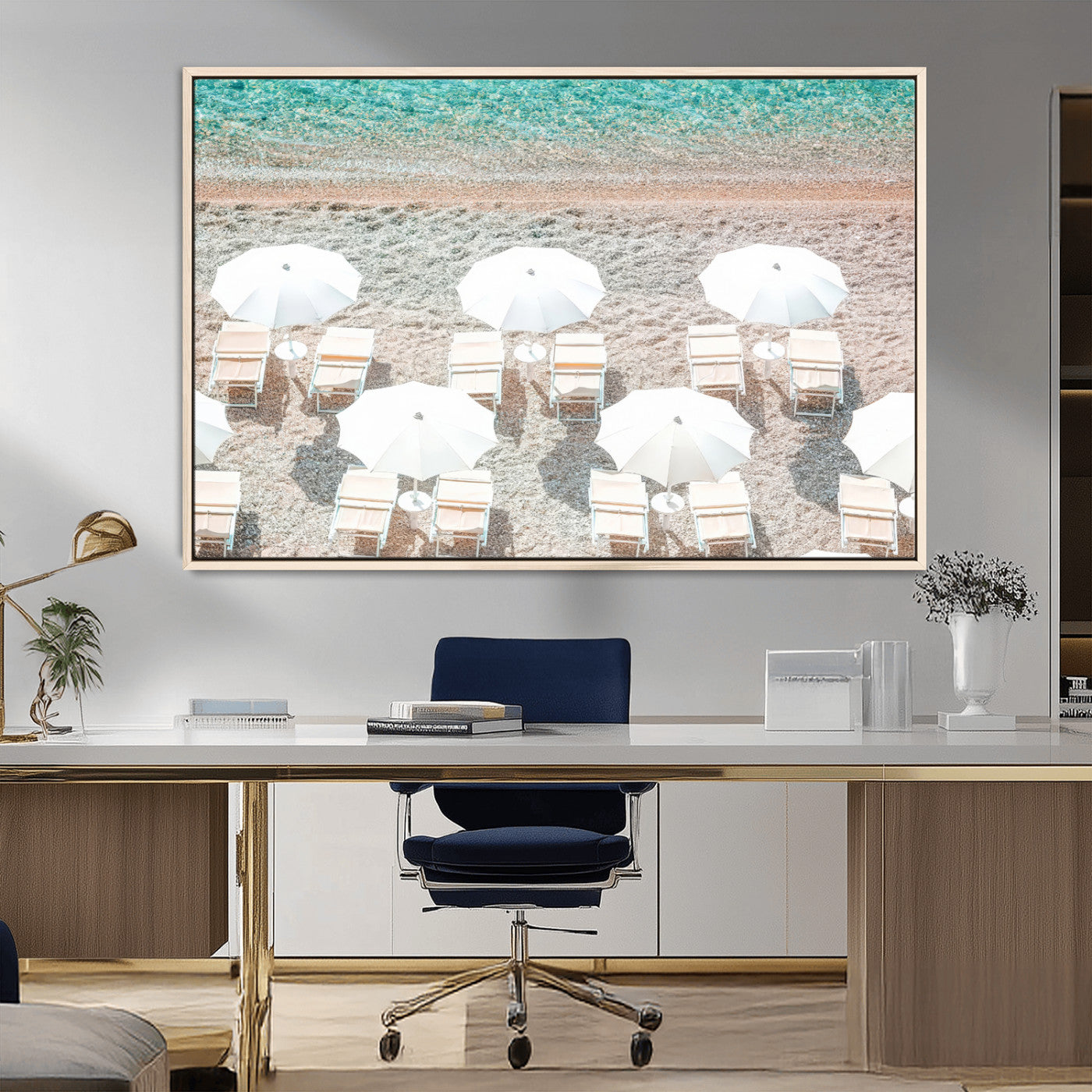 MGV-FC-36X24 - Calm Beach Wall Art Canvas Print, Framed Turquoise Water Art Picture Print, Umbrella Shoreline Perfect Coastal Minimalist Decor Artwork