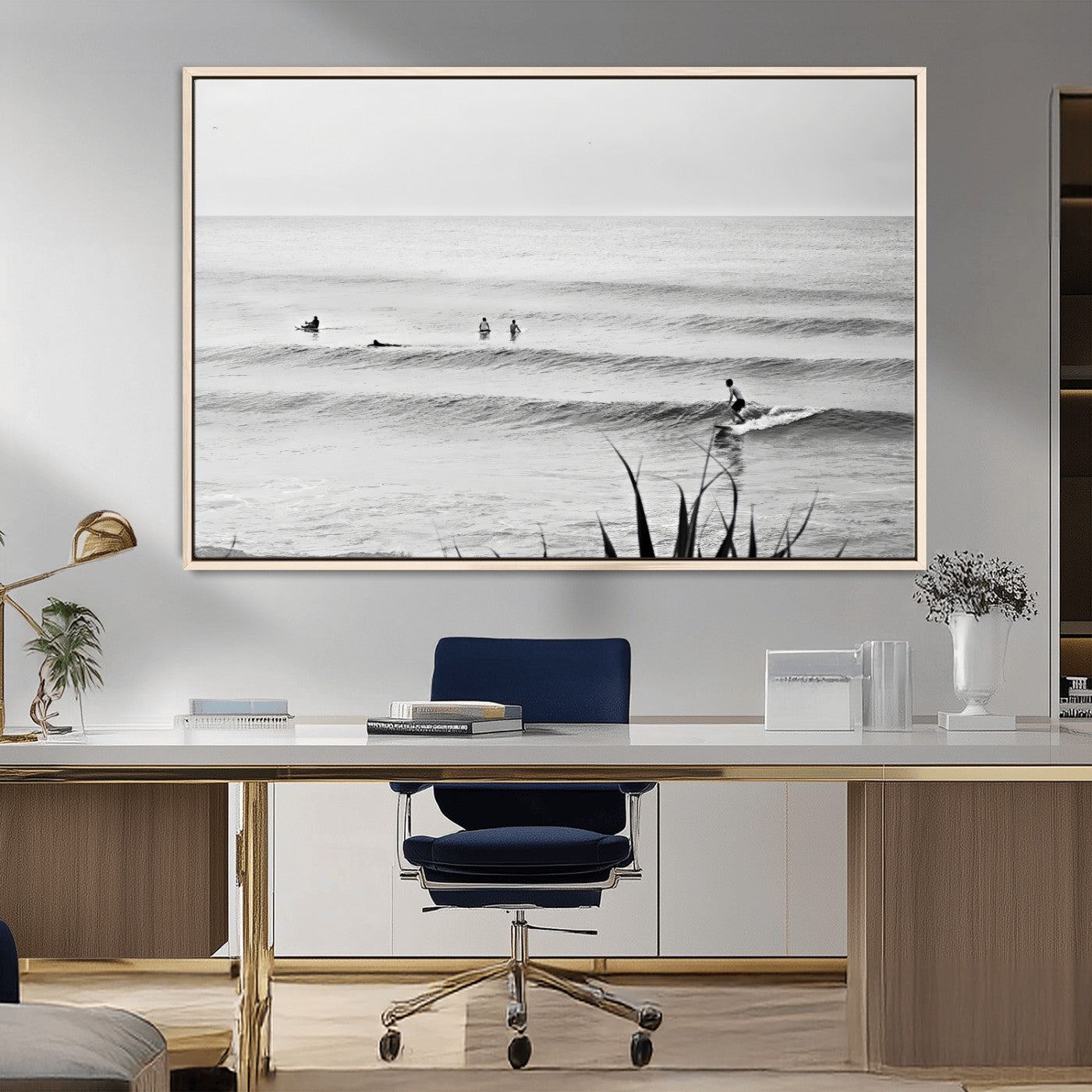 33821421-MGV-FC-36X24_Natural-Surfer Silhouette Wall Art – Framed Calm Ocean Canvas Artwork, Monochrome Minimal Design, Modern Coastal Decor for Home, Office