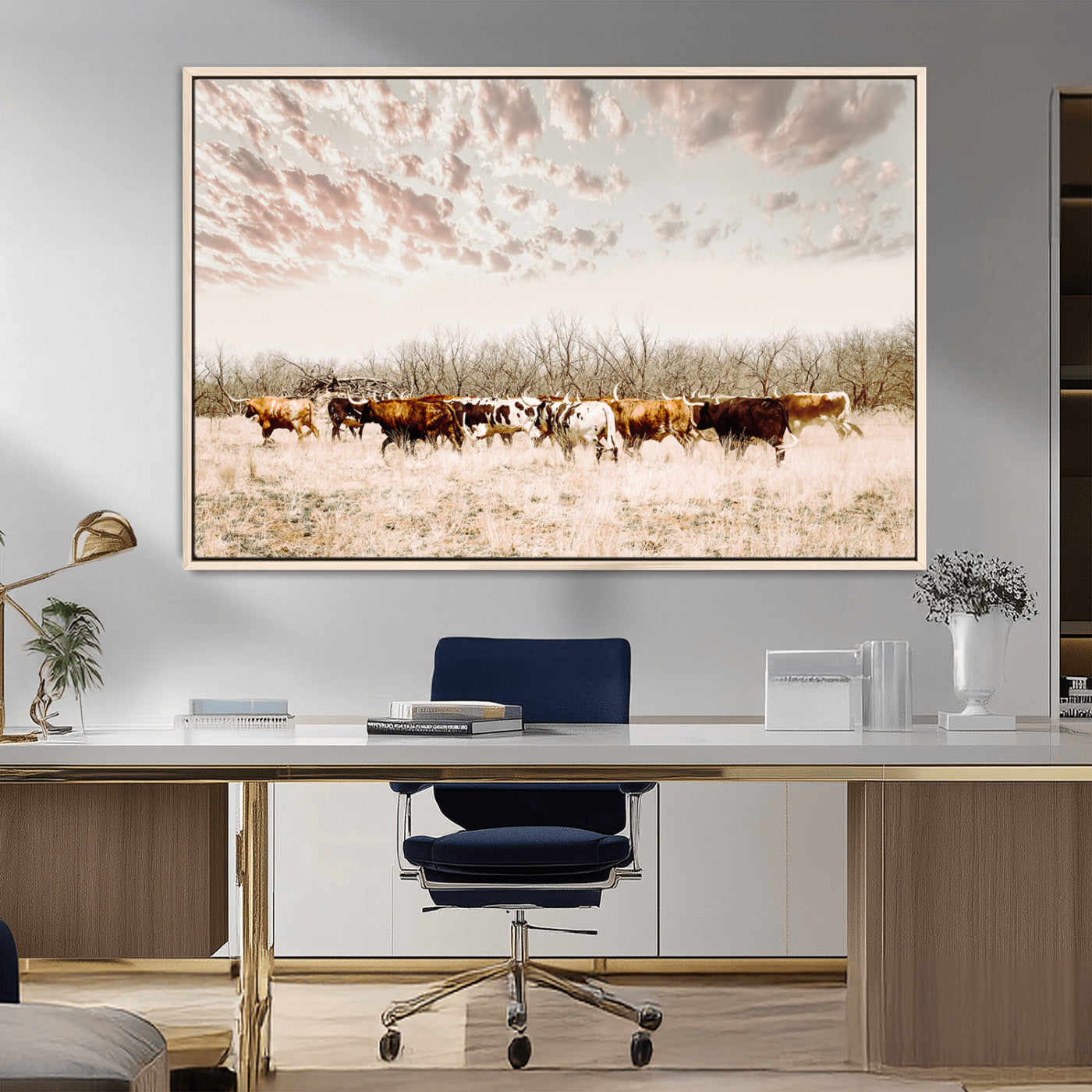 64892775-MGV-FC-36X24_Natural-Longhorn Cattle Wall Art Canvas Print, Framed Texas Ranch Art Picture Print, Western Cow Perfect