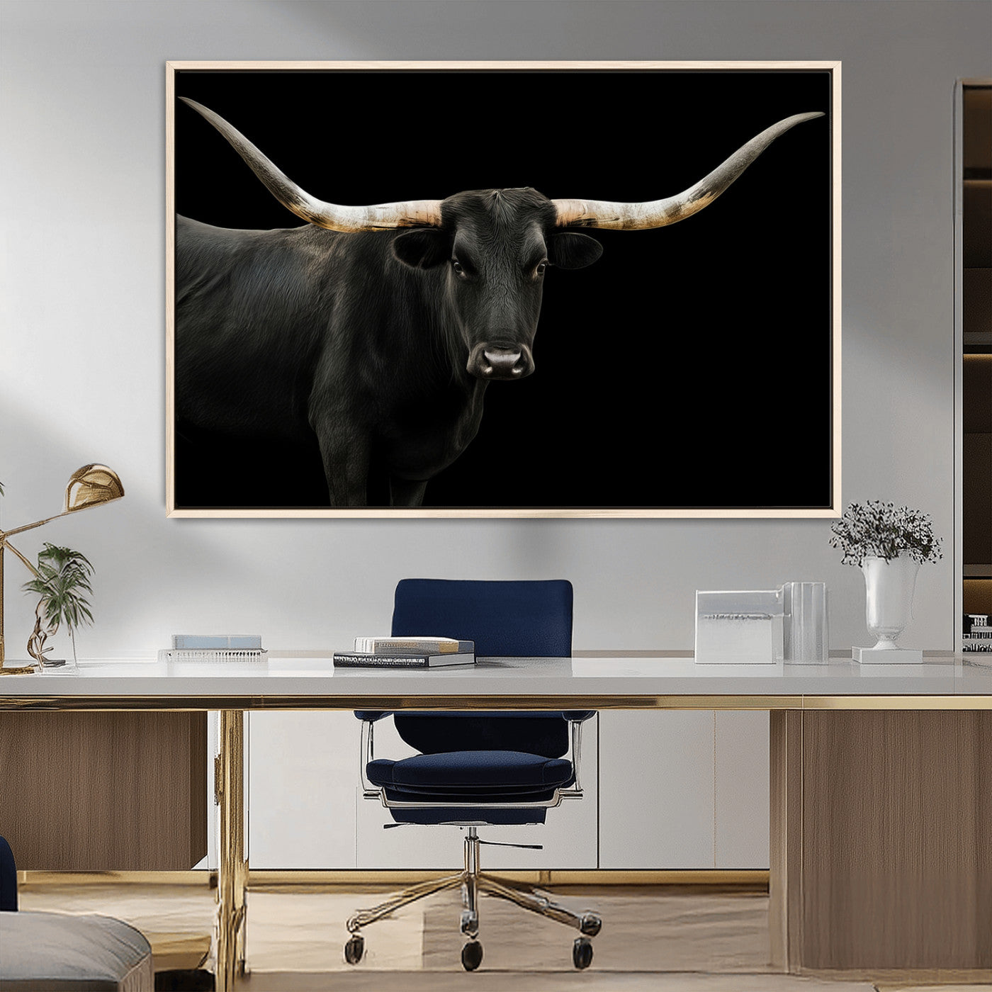 99448328-MGV-CV-36X24-Longhorn Cattle Wall Art Canvas Print – Framed Texas Ranch Scene with Western Cow Artwork for Home, Office, Living Room