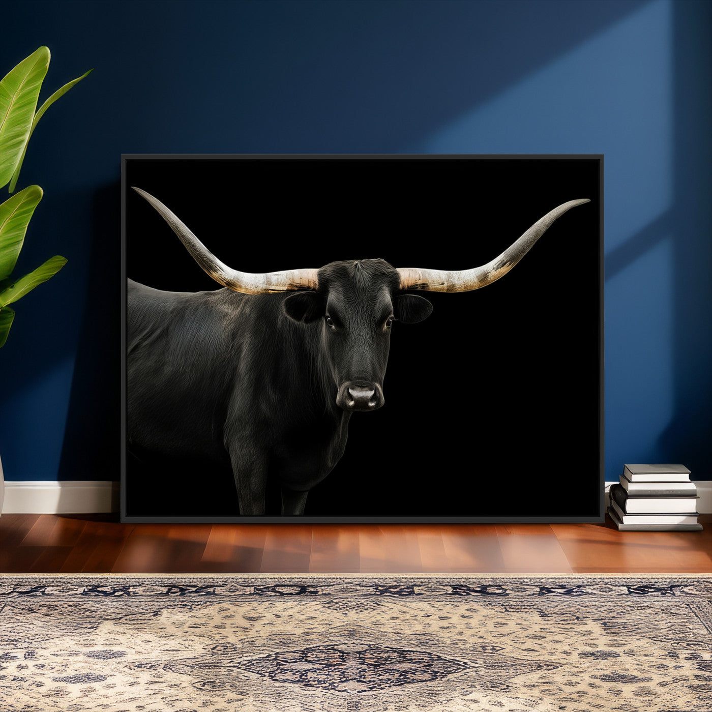 99448328-MGV-CV-36X24 - Longhorn Cattle Wall Art Canvas Print, Framed Texas Black Bull Art Picture Print, Western Cow Perfect Farmhouse Decor Artwork