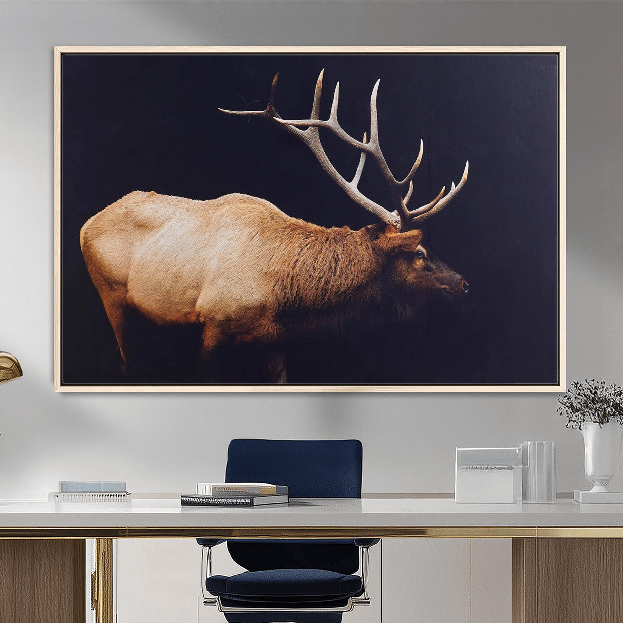 89239257-MGV-FC-36X24 - Rustic Elk Wall Art Canvas Print – Framed Moody Wildlife Art Picture Western Animal Artwork for Home, Office