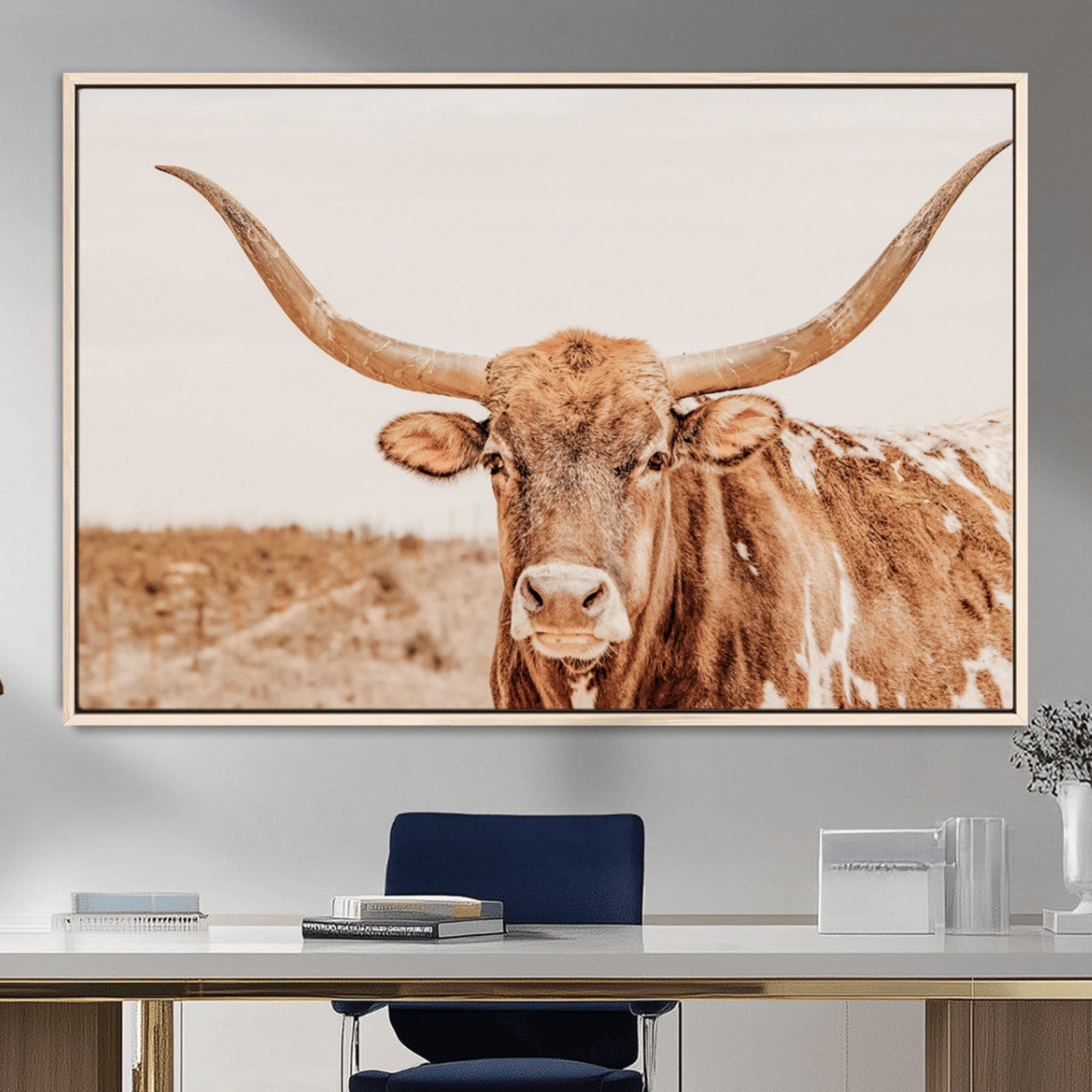74406977-MGV-CV-36X24-Longhorn Bull Wall Art Canvas Print – Framed Western Cow Rustic Farmhouse Neutral Country Animal Artwork for Home Office