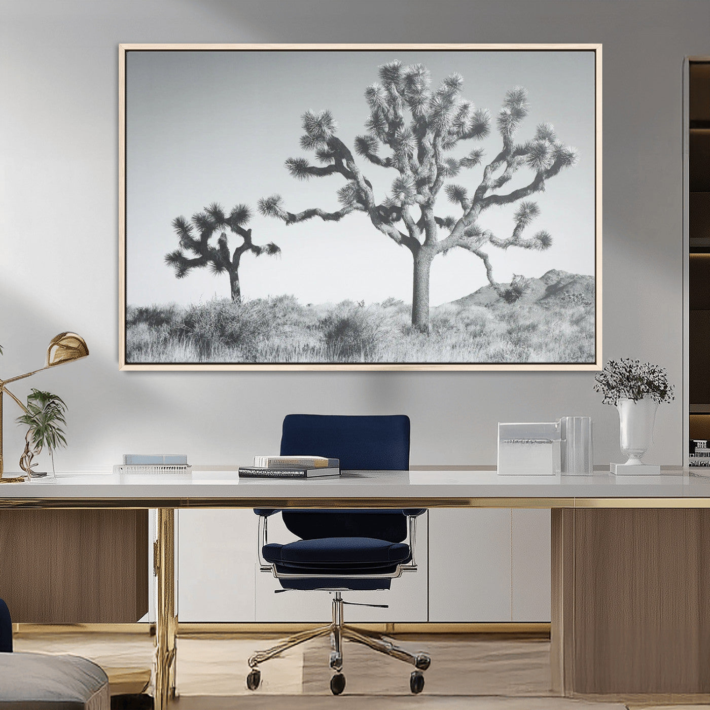 58647785-MGV-FC-36X24_Natural-Joshua Trees Wall Art Canvas Print – Framed Black White Desert Landscape Dry Grass Hills Tranquil Artwork for Home Office