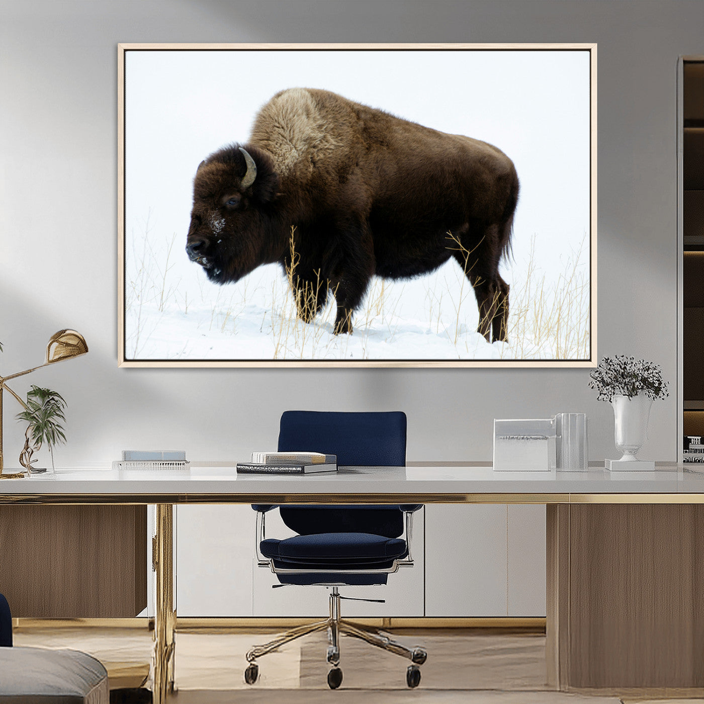 76778120-MGV-CV-36X24-Bison Wall Art Canvas Print – Framed Western Wildlife Buffalo Snow Rustic Nature Scene Artwork for Home Office