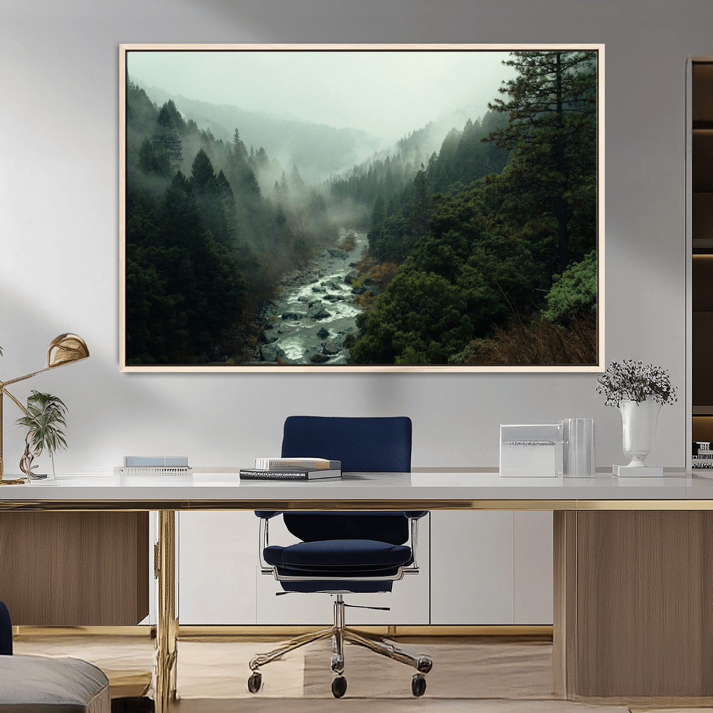 48497565-MGV-CV-36X24-Misty Forest Wall Art Canvas Print – Framed Foggy River Moody Landscape Wilderness Nature Scene Artwork for Home Office