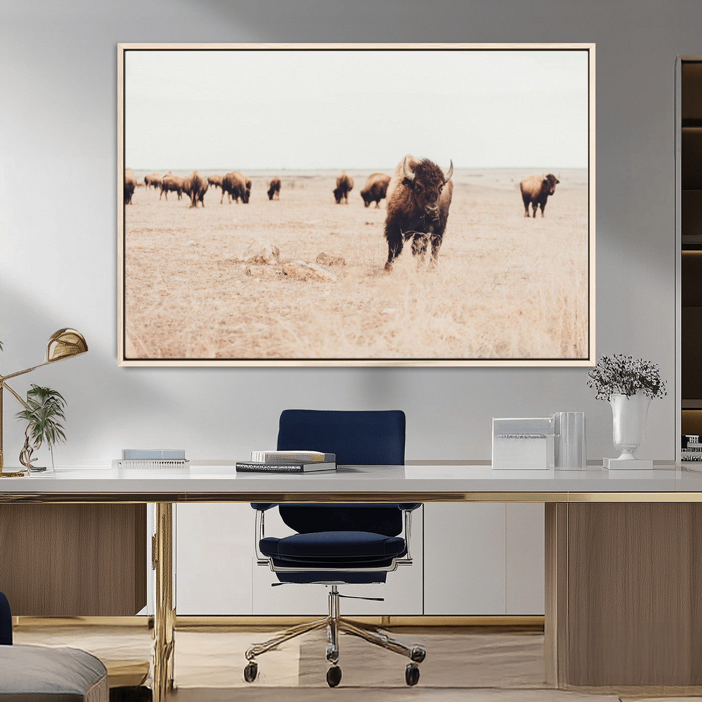 61367865-MGV-CV-36X24-Bison Herd Wall Art Canvas Print – Framed Western Prairie Serenity Ranch Nature Scene Artwork for Home Office